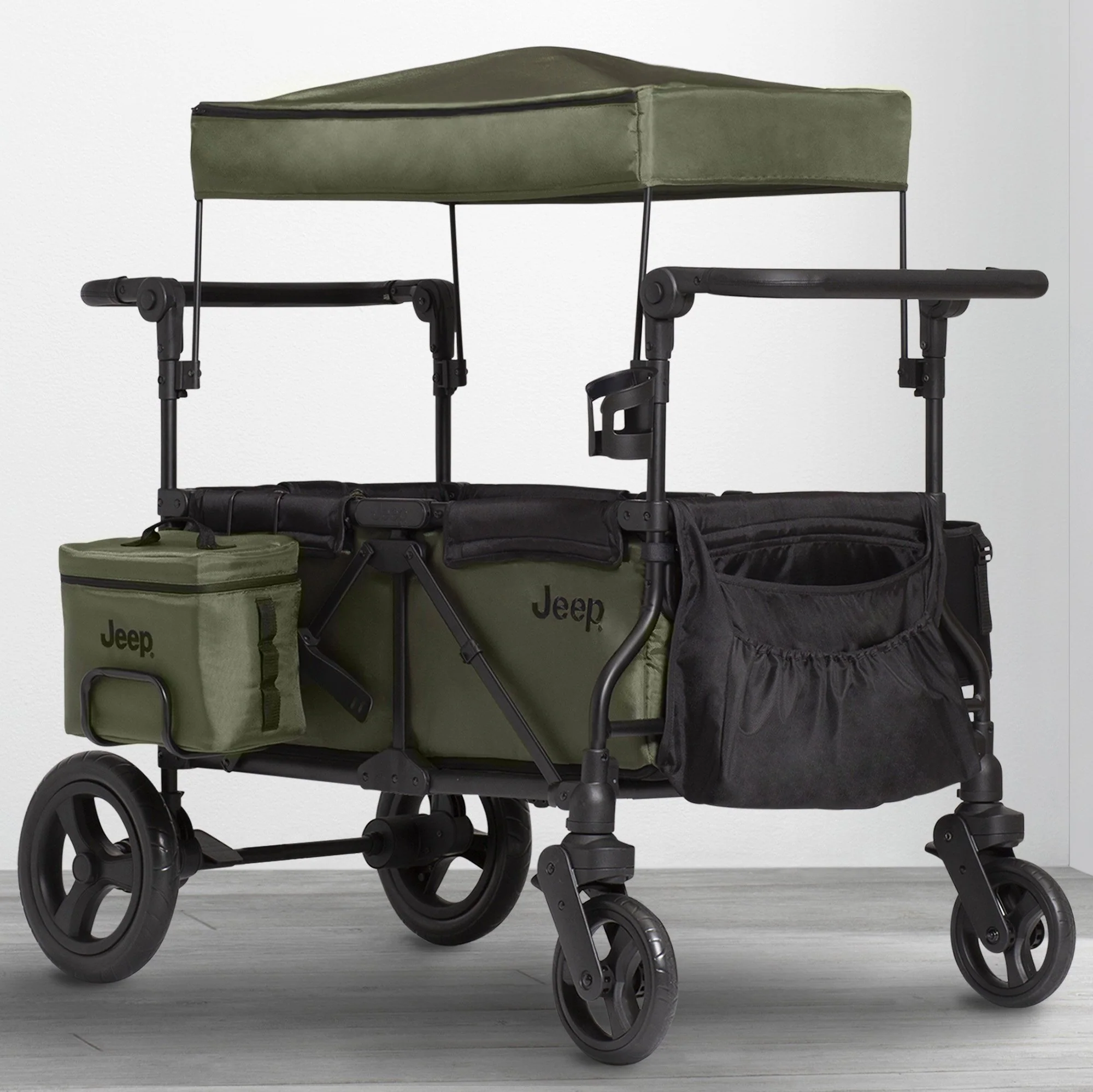 Carrito-Paseador Jeep Wrangler Deluxe – 2 Asientos con Arnés de 5 Puntos, Bolsa Térmica, Capota Anti-UV, Amplio Almacenamiento, Ruedas Todo Terreno Antipinchazos, Manillares Ajustables
