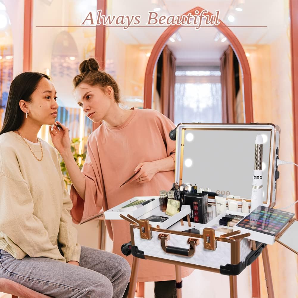 Maletín mediano para maquillaje con cerradura de código, espejo iluminado, altavoz, organizador de cosméticos de viaje, trolley profesional para artistas, estuche independiente para estudio