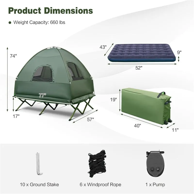 Tienda de Campaña 5 en 1 para 2 Personas con Cama Plegable, Colchón Inflable, Saco de Dormir y Parasol UV
