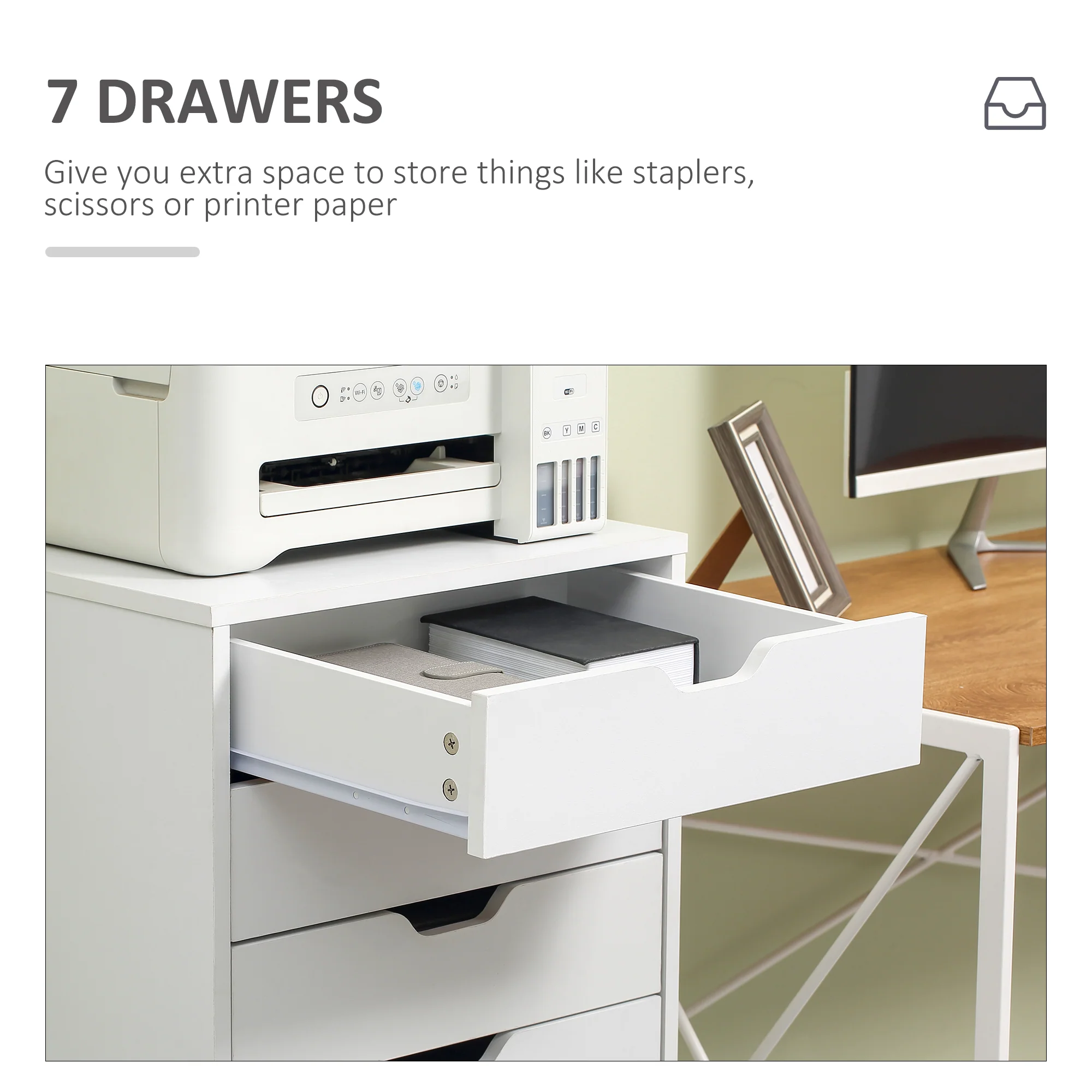 Cajonera Vertical de 7 Cajones, Mueble de Oficina Móvil con Ruedas, Blanco