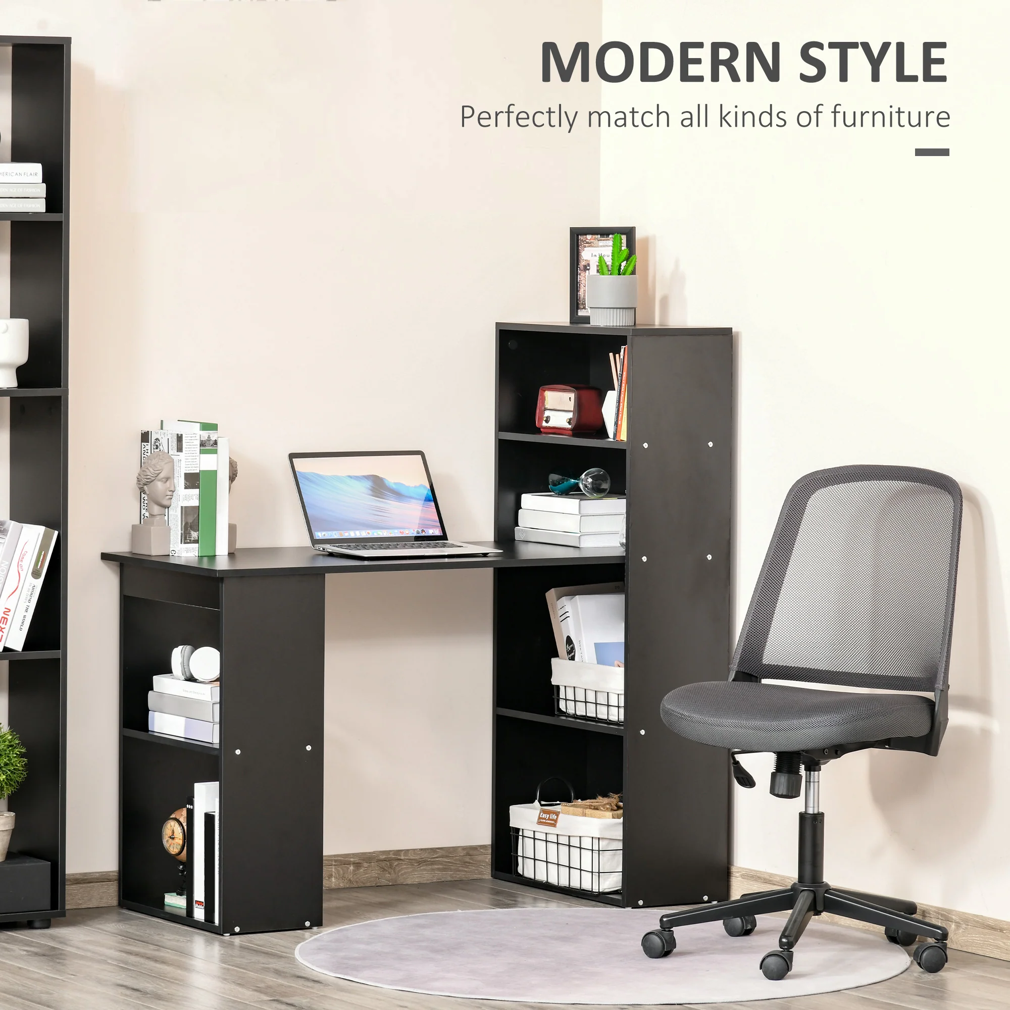 Escritorio de Ordenador Moderno de 120 cm con Estantería, Mesa de Estudio y Estación de Trabajo con 6 Estantes, Negro