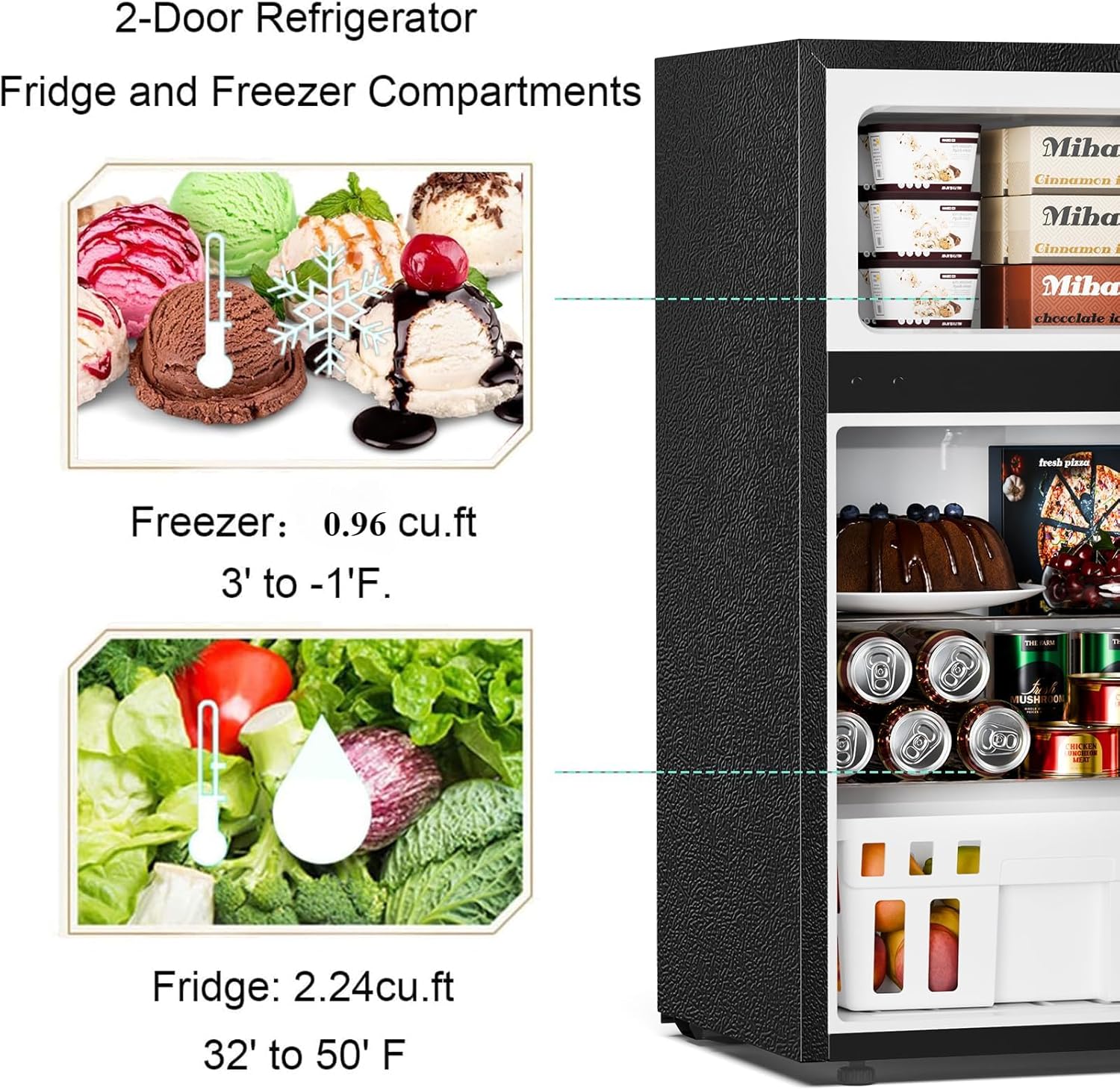 2025 Refrigerador compacto Antarctic Star con congelador separado, mini nevera de doble puerta, estantes ajustables y desmontables, estilo retro de acero inoxidable, para sala/cocina/dormitorio/oficina, 3,2 pies³, verde