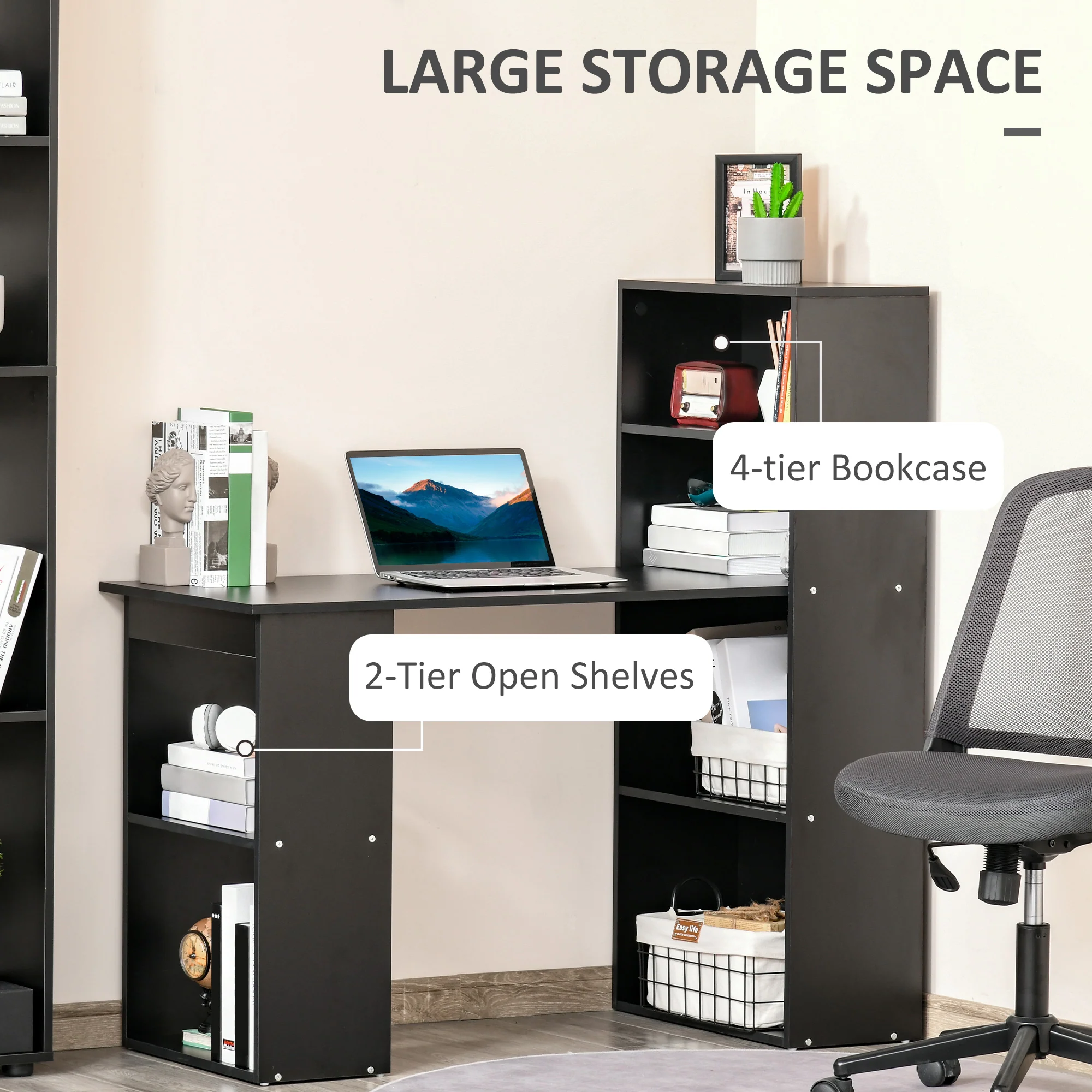 Escritorio de Ordenador Moderno de 120 cm con Estantería, Mesa de Estudio y Estación de Trabajo con 6 Estantes, Negro