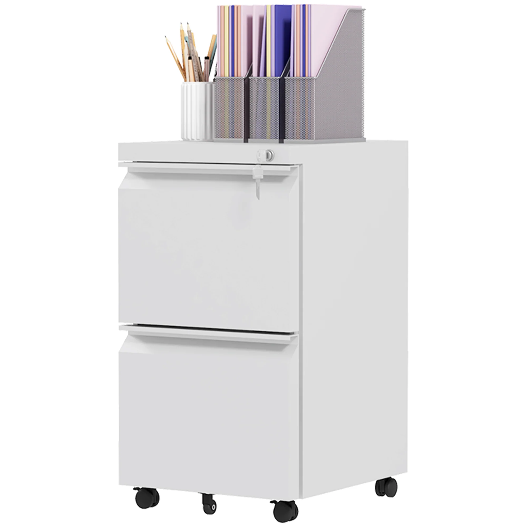 Archivador Móvil con 2 Cajones, Mueble de Archivo Cerrable de Acero, Cuerpo Preensamblado, Blanco