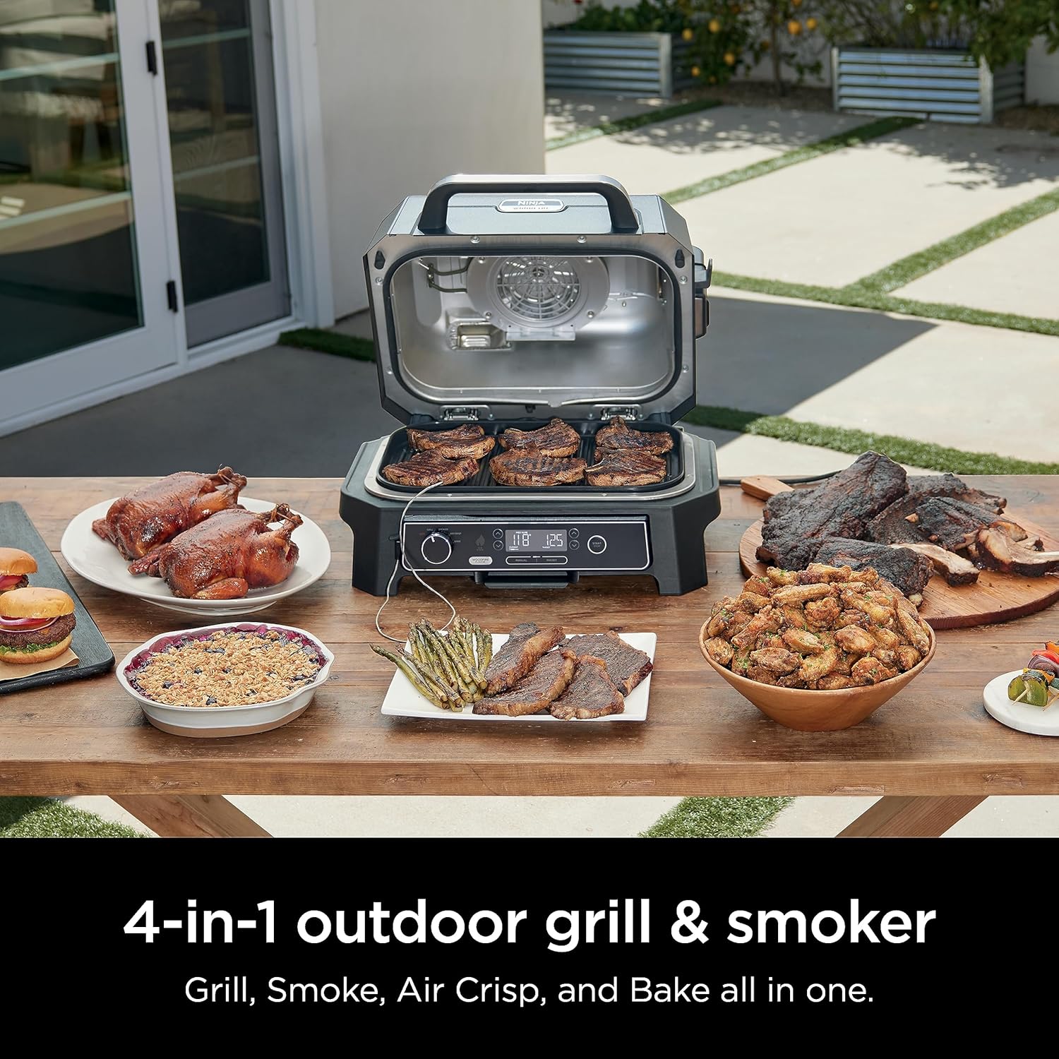 2025 Parrilla y ahumador exterior Ninja Woodfire Pro XL, termómetro, master grill 4 en 1, barbacoa ahumador, freidora de aire exterior, horno, portátil, parrilla eléctrica, gris oscuro, modelo OG850