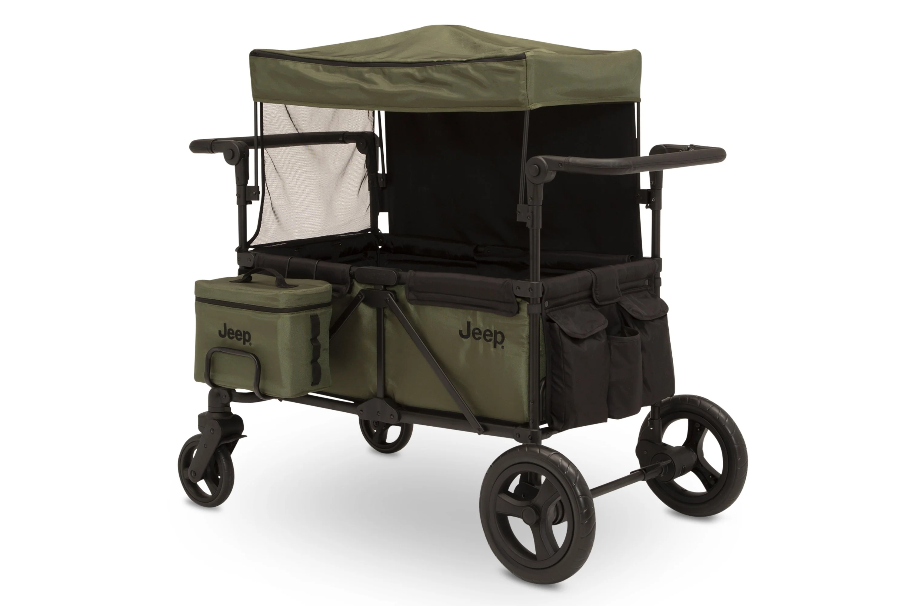 Carrito-Paseador Jeep Wrangler Deluxe – 2 Asientos con Arnés de 5 Puntos, Bolsa Térmica, Capota Anti-UV, Amplio Almacenamiento, Ruedas Todo Terreno Antipinchazos, Manillares Ajustables