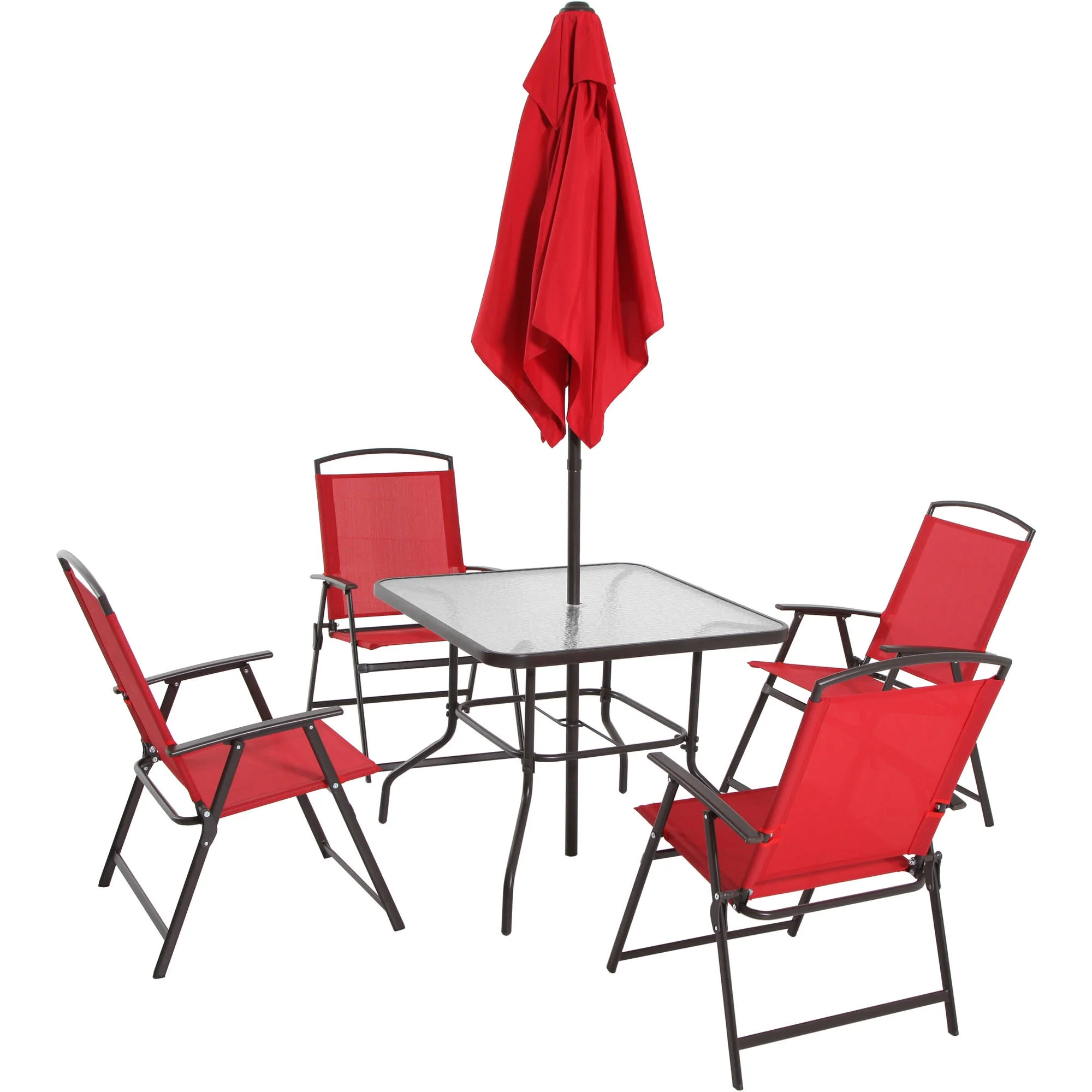 2025 Juego de comedor exterior Mainstays Albany Lane de 6 piezas con sombrilla, acero, rojo