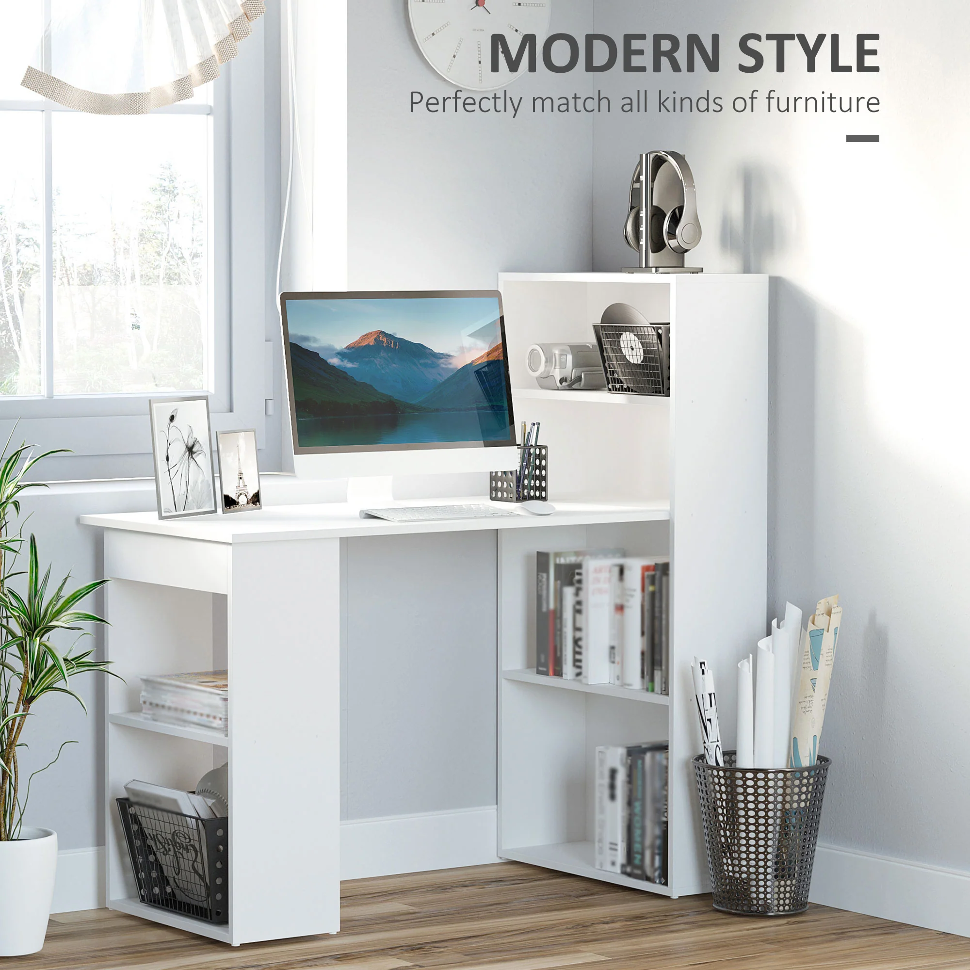 Escritorio de Ordenador Moderno de 120 cm con Estantería, Mesa de Estudio y Estación de Trabajo con 6 Estantes, Blanco