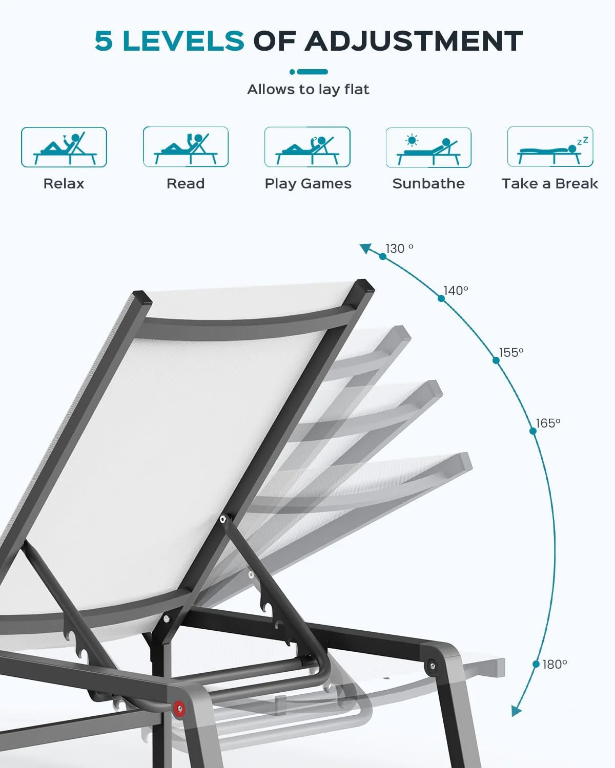 Tumbona de Aluminio para Exterior – Silla de Jardín Plegable sin Montaje, con Respaldo Ajustable en 5 Posiciones, para Terraza, Piscina, Playa – Negra
