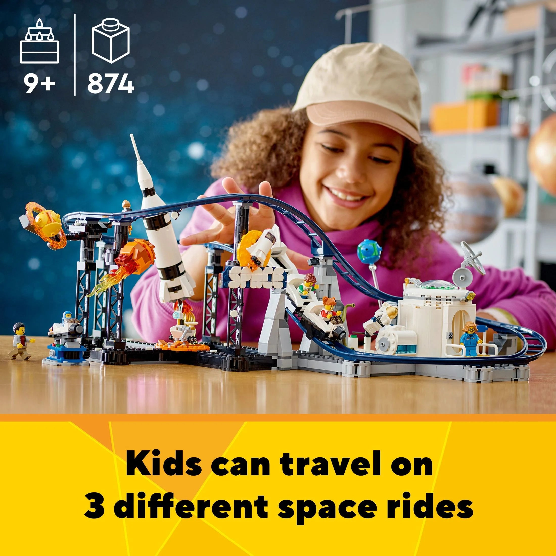 LEGO Creator 3 en 1 Montaña Rusa Espacial, Parque de Diversiones Reconfigurable, Construye una Montaña Rusa Espacial, Torre de Caída o Carrusel Giratorio, con 5 Minifiguras, Juguete de Construcción para Niños de 9 Años en Adelante, 31142
