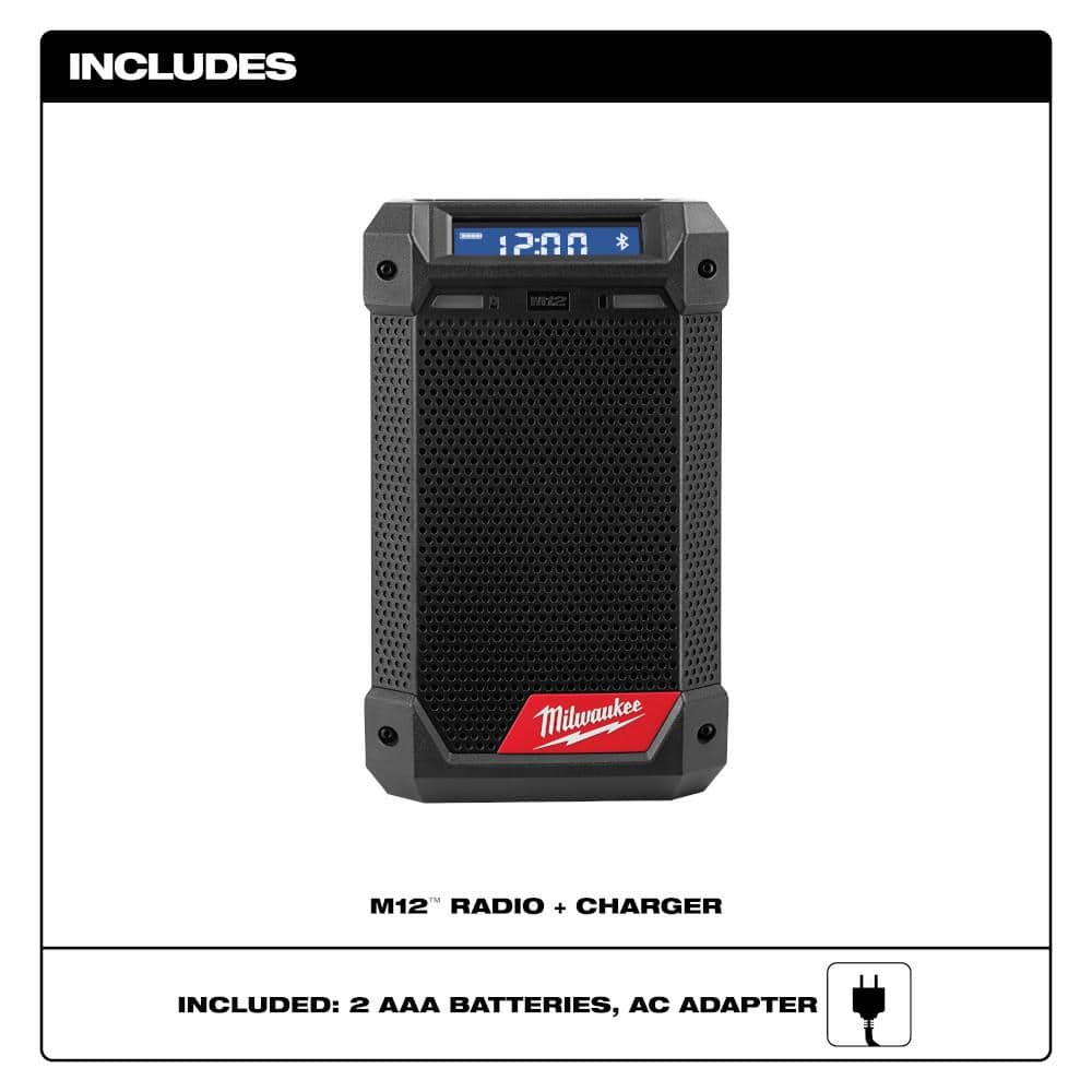 Radio inalámbrico para obra Milwaukee M12 de 12 voltios con Bluetooth/AM/FM y cargador 2951-20