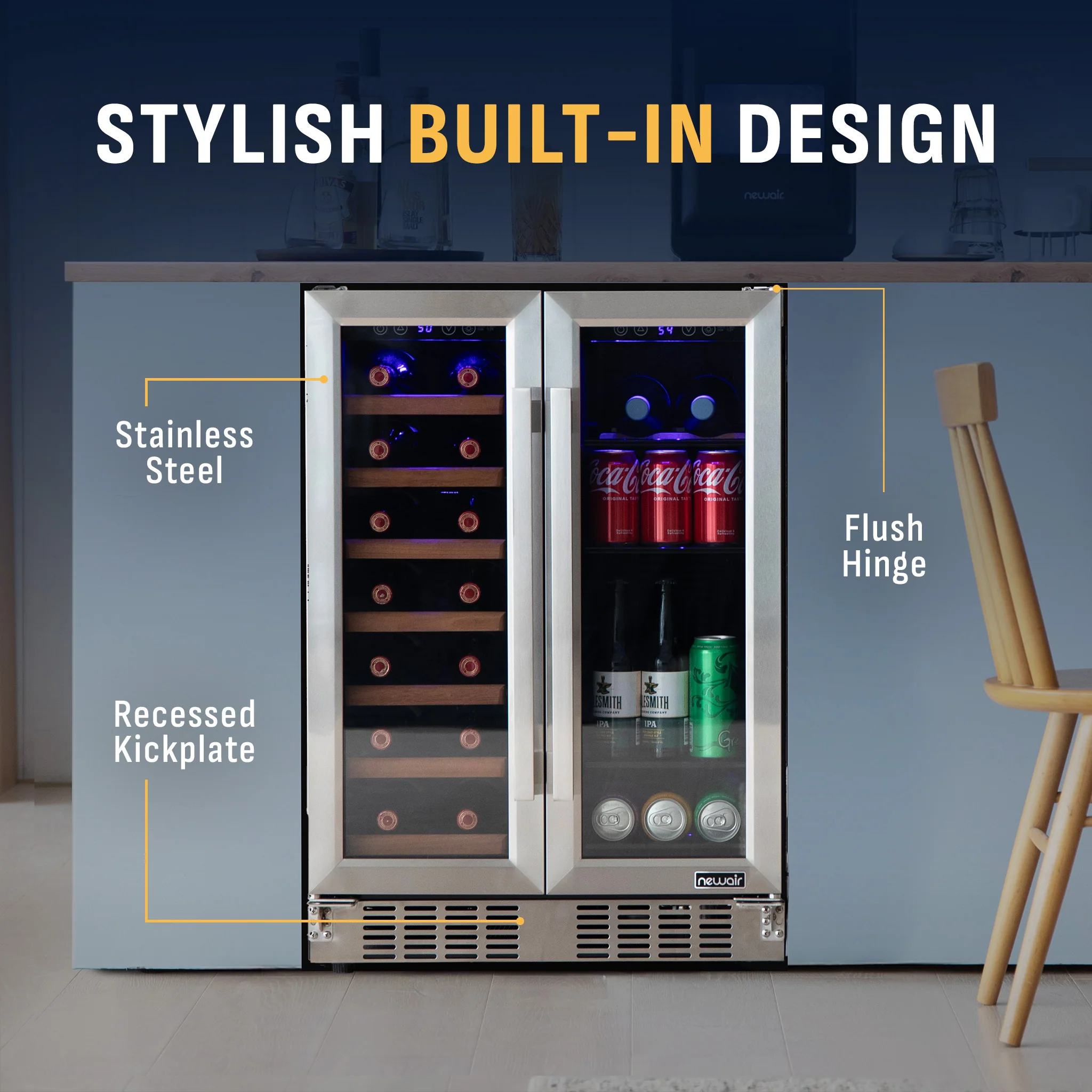 2025 Refrigerador para Vinos y Bebidas Newair – Doble Zona con Puertas Francesas (24 pulgadas)