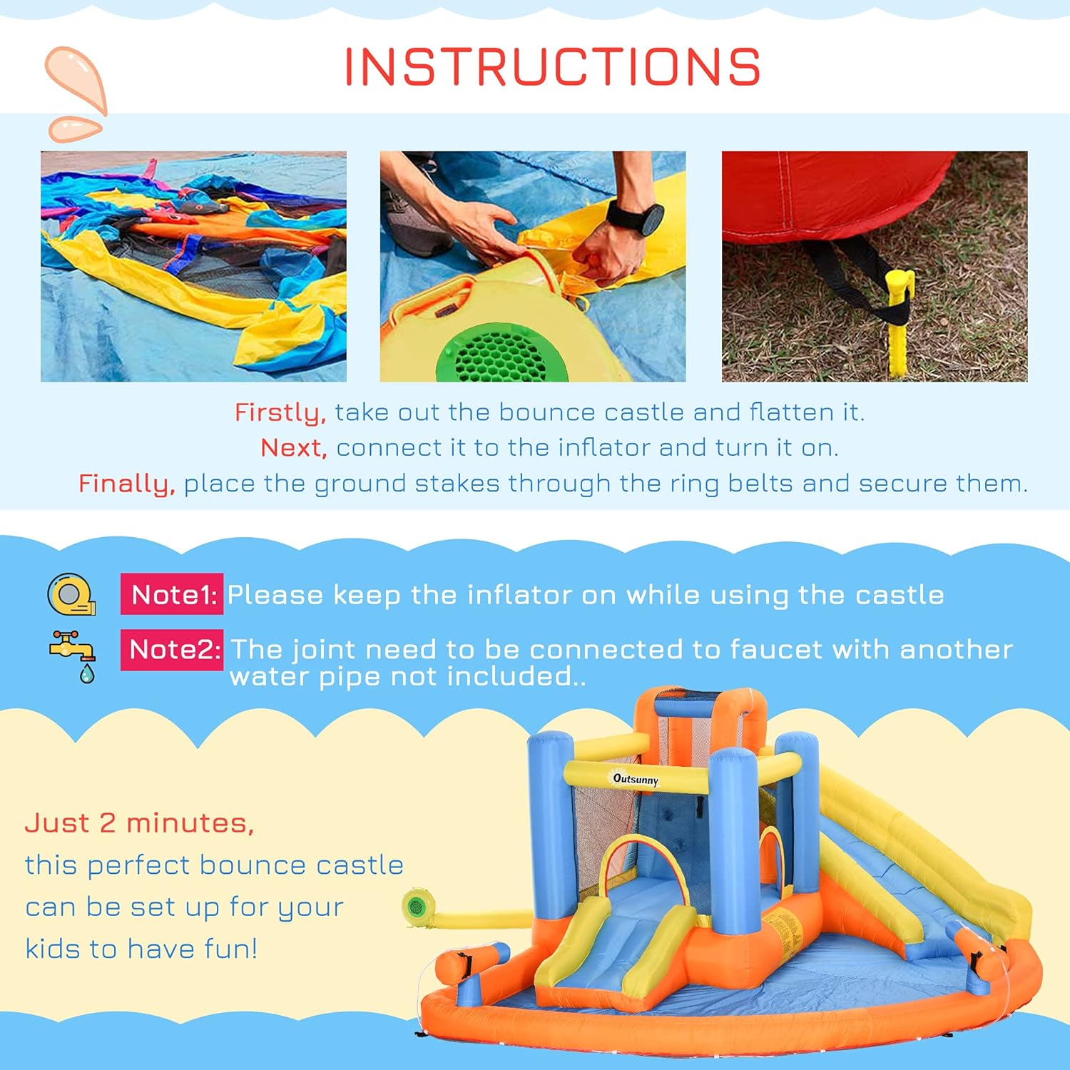 Tobogán de Agua Inflable para Niños 5 en 1 con Castillos Inflables, Piscina de Agua, Tobogán, Paredes para Escalar y 2 Cáñones de Agua, Soplador de Aire de 450W