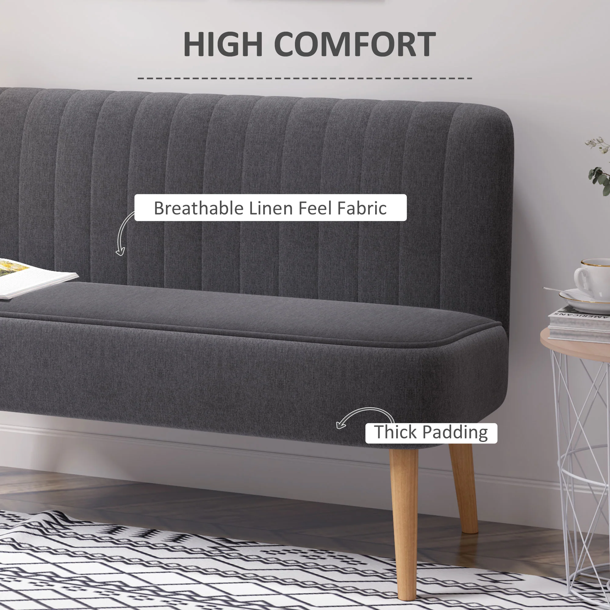 Sofá moderno de lino para 2 plazas, sofá compacto con acolchado y patas de madera, gris