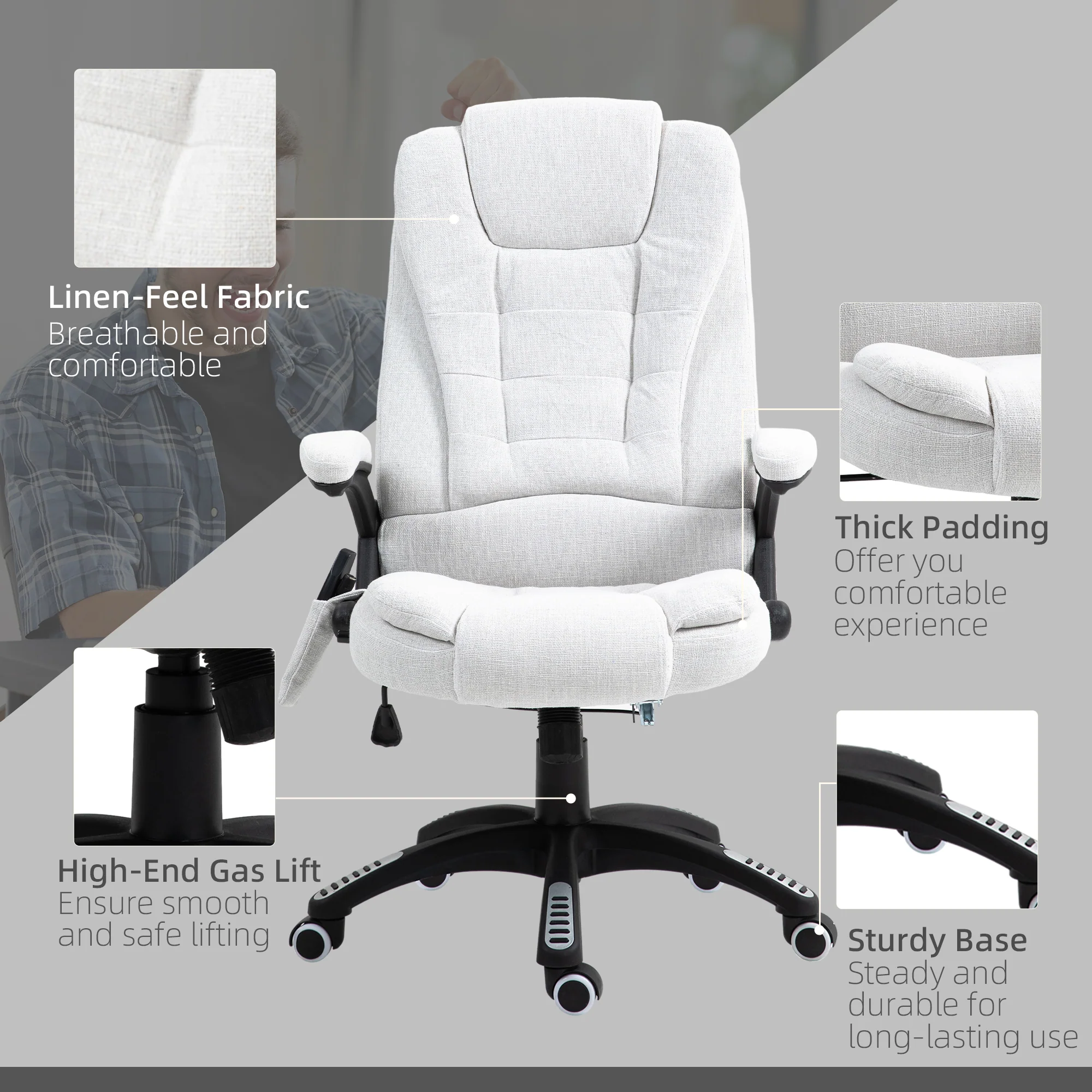 Silla de Oficina Ergonómica con Masaje de 6 Puntos y Calefacción en la Espalda, Tela Tipo Lino, Blanco Crema