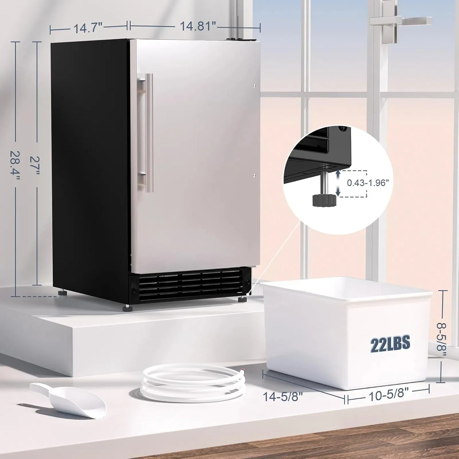 2025 COTLIN Máquina de Hielo Empotrable Sin Drenaje – Capacidad de 22 lb, Hielo en Forma de Media Luna, Acero Inoxidable, Uso Doméstico o Comercial, Certificada ETL