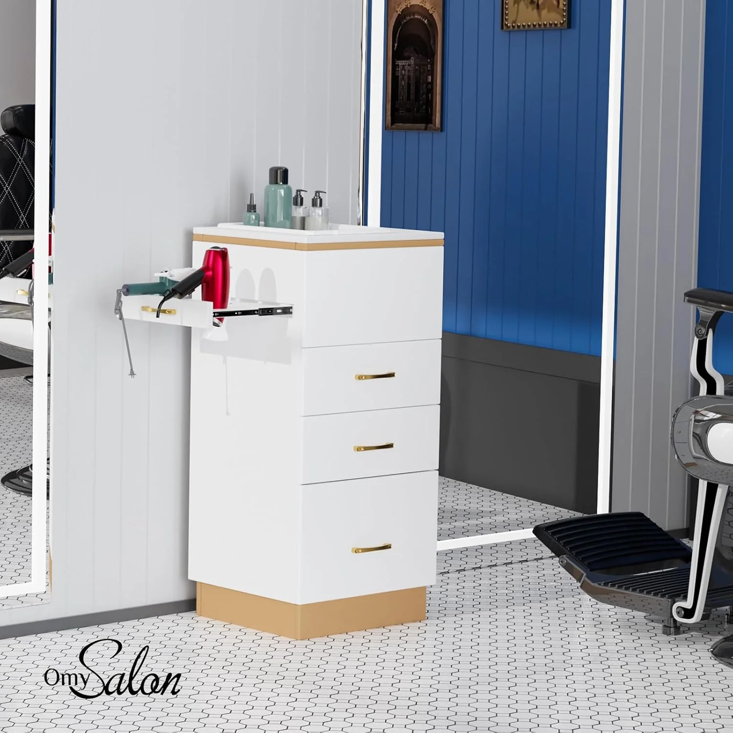 OmySalon Estación de Almacenamiento para Salones – Mueble de Peluquería con 3 Cajones, Compartimento de Almacenamiento y 3 Soportes para Secadores – Color Oro Blanco