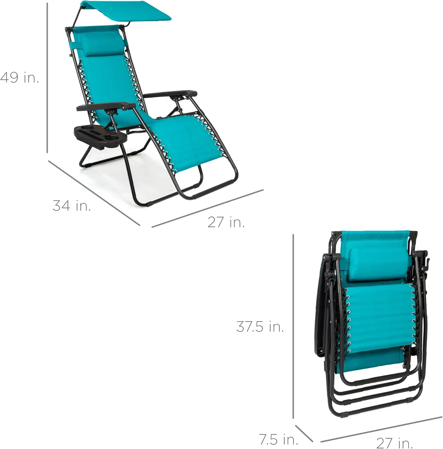 Best Choice Products – Silla Reclinable de Patio con Gravedad Cero, Ajustable y Plegable para Exteriores con Dosel, Almohada Cervical y Bandeja Lateral, Textileno – Azul Pavo Real
