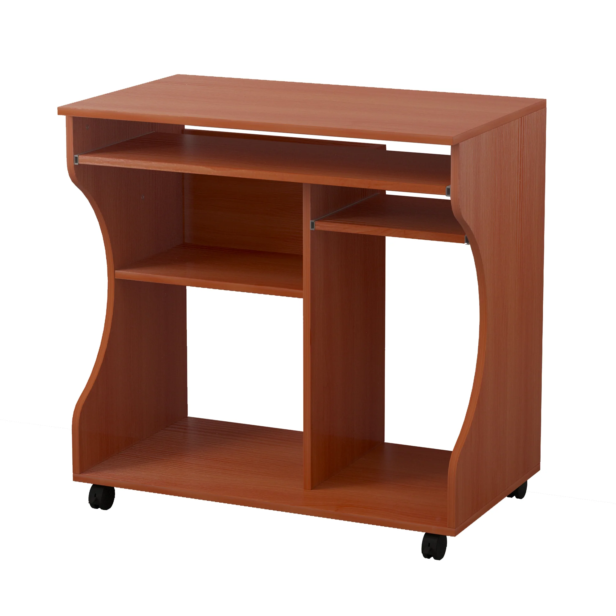 Escritorio para Ordenador con Bandeja Deslizante para Teclado, Estanterías de Almacenamiento y Ruedas, Color Cerezo