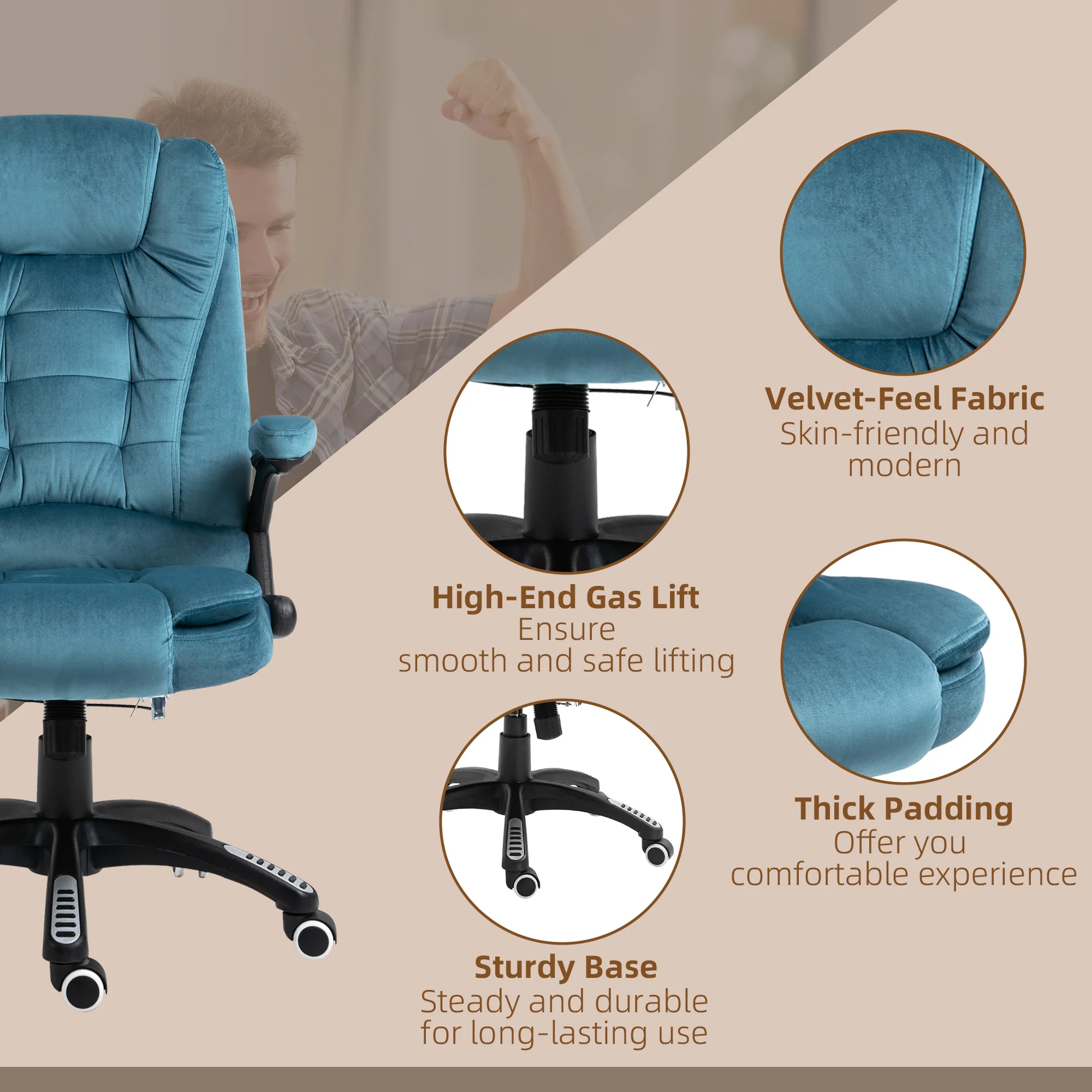 Silla de Oficina Ergonómica con Masaje de 6 Puntos y Calefacción en la Espalda, Tela Tipo Terciopelo, Azul