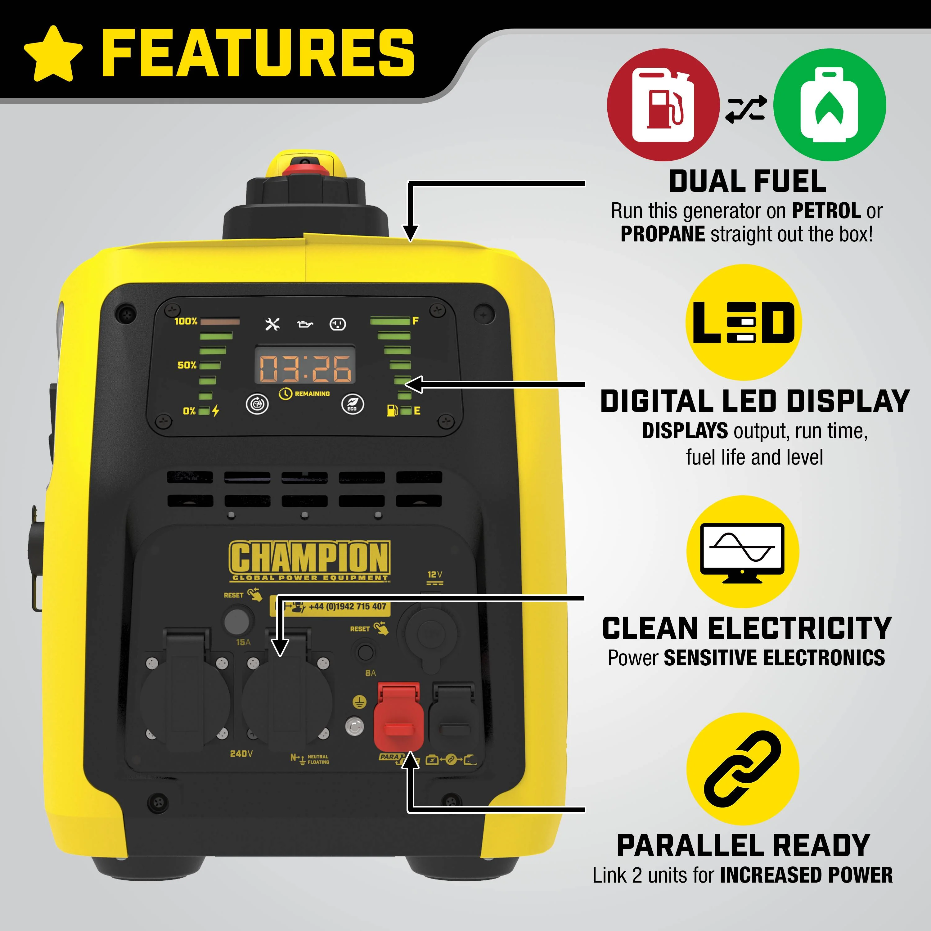2025 CHAMPION 2000W – Generador inverter Dual Fuel (Gasolina/Propano)