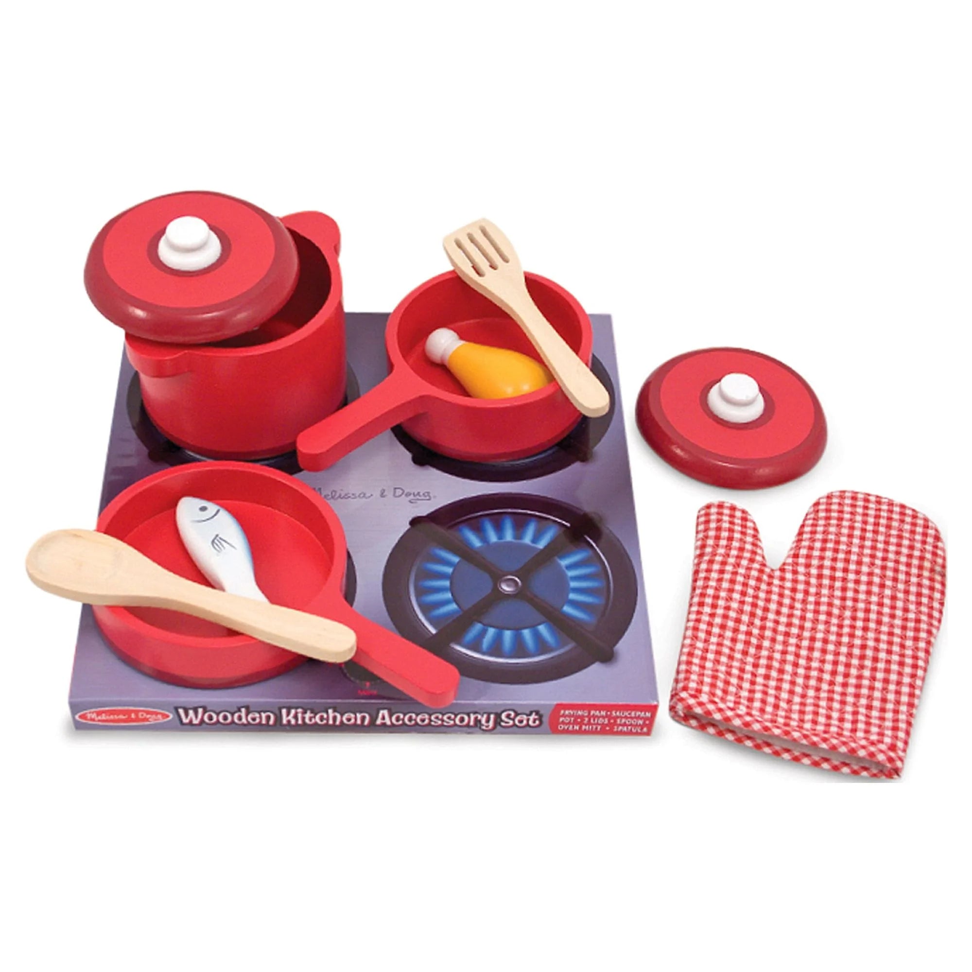 Melissa & Doug Set de Juego de Accesorios de Cocina de Madera Deluxe – Ollas y Sartenes (8 piezas)