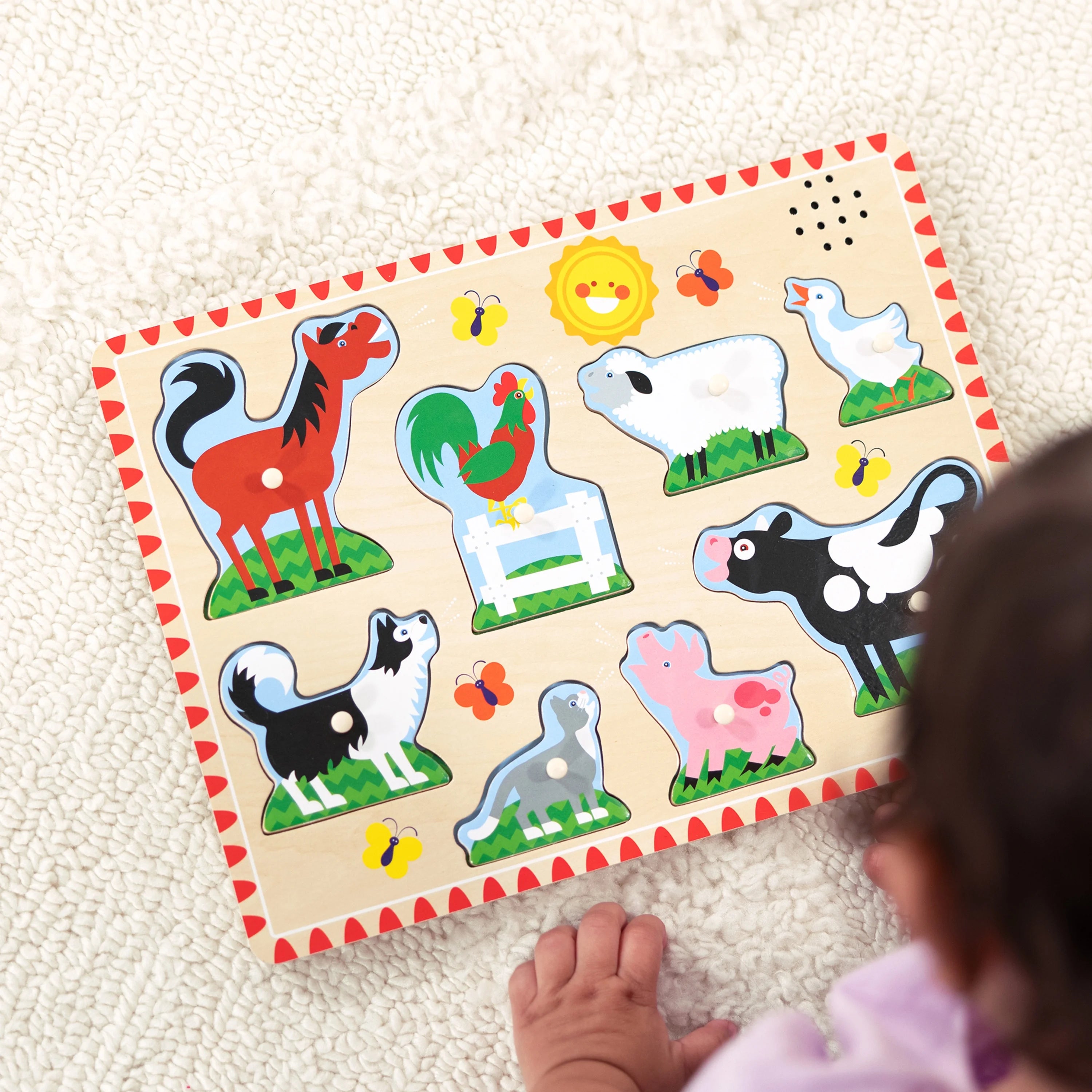 Melissa & Doug Rompecabezas Sonoro de Animales de Granja – Rompecabezas de Madera con Clavijas y Efectos de Sonido (8 piezas)