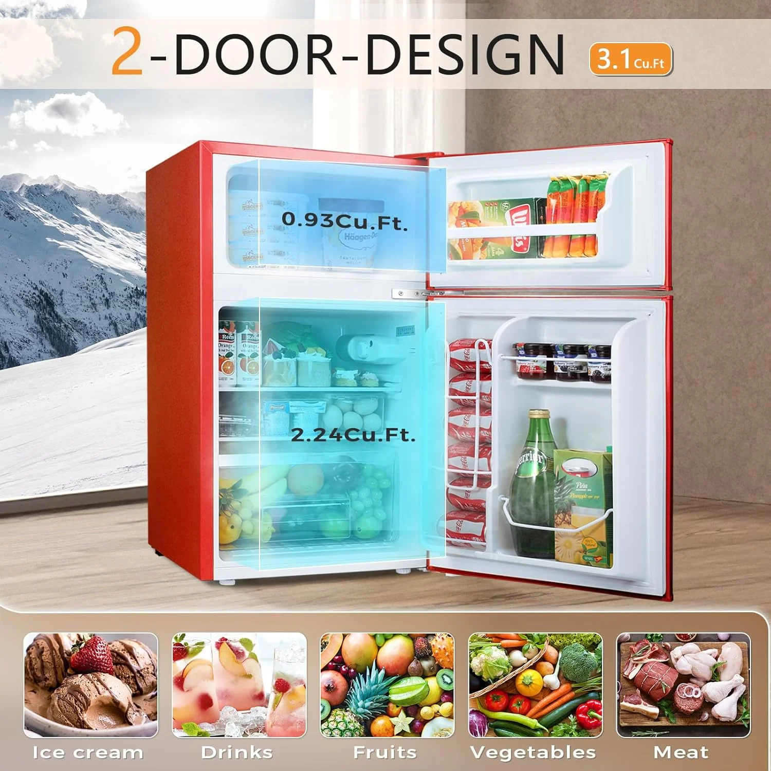 2025 Refrigerador compacto Antarctic Star con congelador separado, mini nevera de doble puerta, estantes ajustables y desmontables, estilo retro de acero inoxidable, para sala/cocina/dormitorio/oficina, 3,2 pies³, verde