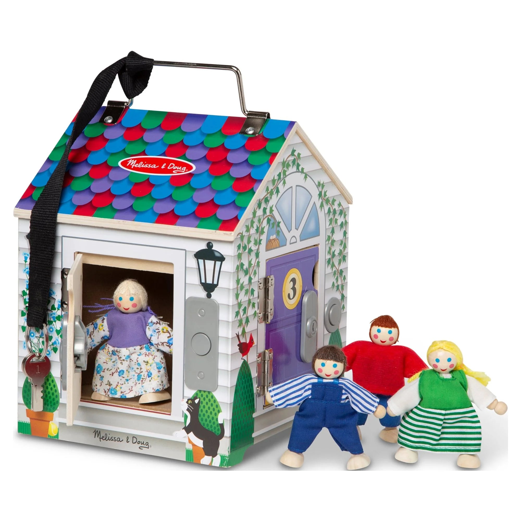 Melissa & Doug Casa de Muñecas de Madera con Timbre para Llevar – Sonidos de Timbre, Llaves, 4 Muñecos de Madera Posables