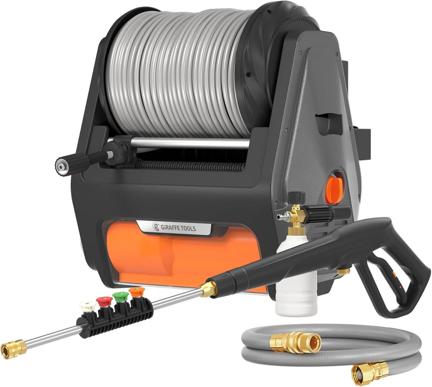 Giraffe Tools Grandfalls Hidrolimpiadora de Pared – 2900 PSI, 2,2 GPM, Manguera Retráctil de 31 m, Lanzador de Espuma, 4 Boquillas Rápidas