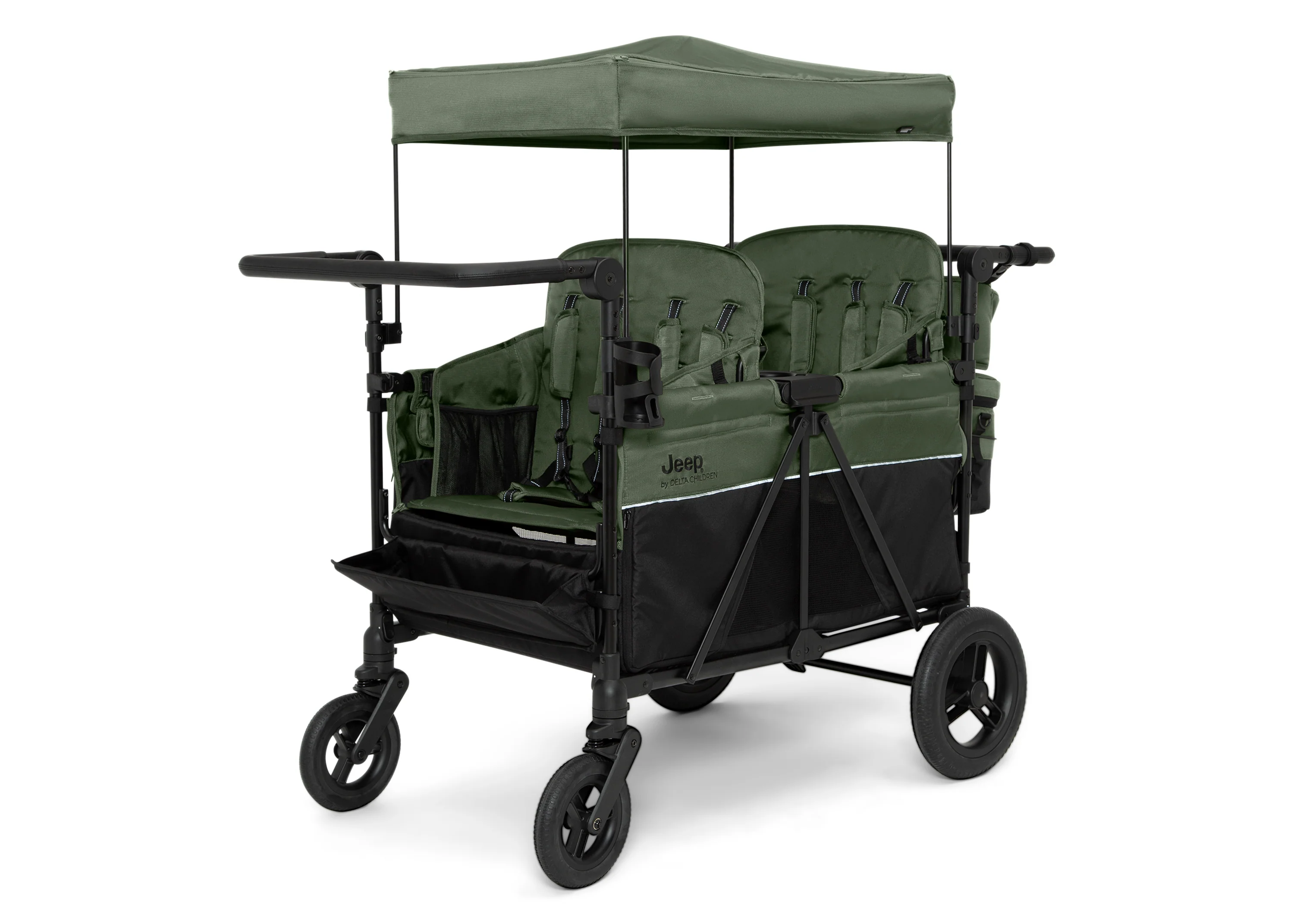 Carrito-Paseador Jeep Wrangler Deluxe para 4 Niños – Capota Desmontable, Bolsa Térmica, Asientos Modulares, Almacenamiento XXL, Ruedas Antipinchazos, Manillares Ajustables