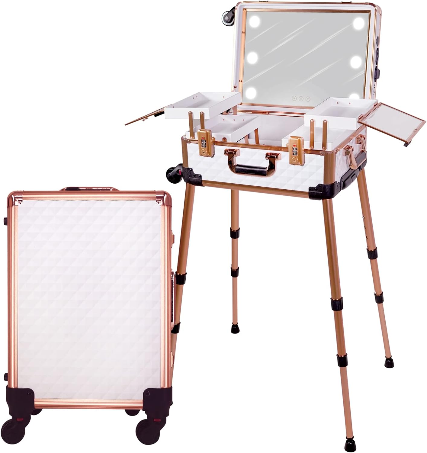 Maletín mediano para maquillaje con cerradura de código, espejo iluminado, altavoz, organizador de cosméticos de viaje, trolley profesional para artistas, estuche independiente para estudio
