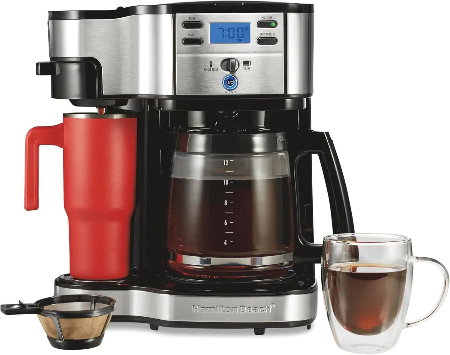 2025 Cafetera de goteo programable 2 en 1 Hamilton Beach, 12 tazas, jarra de vidrio, función pausa y sirve automática, color negro (49980R)