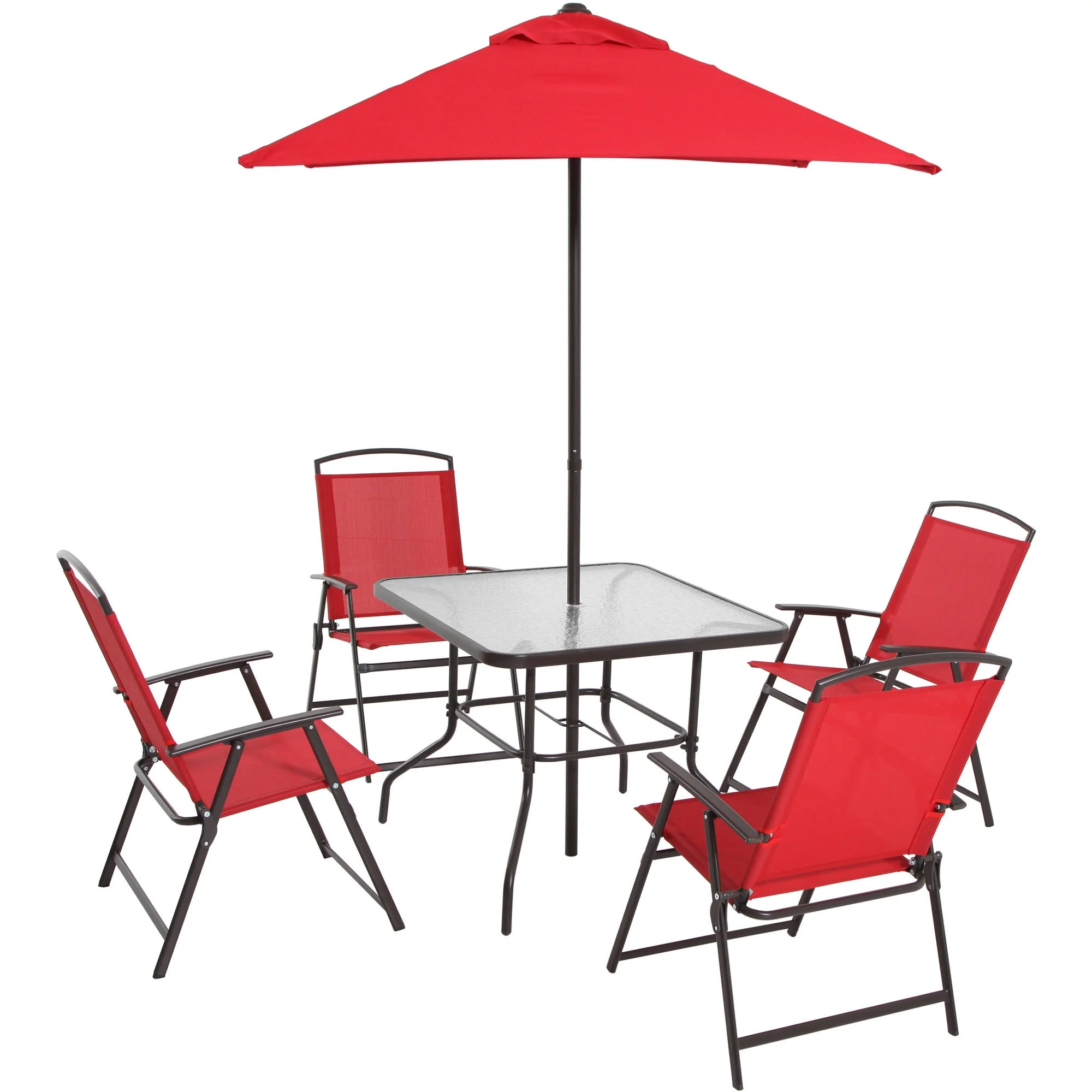 2025 Juego de comedor exterior Mainstays Albany Lane de 6 piezas con sombrilla, acero, rojo
