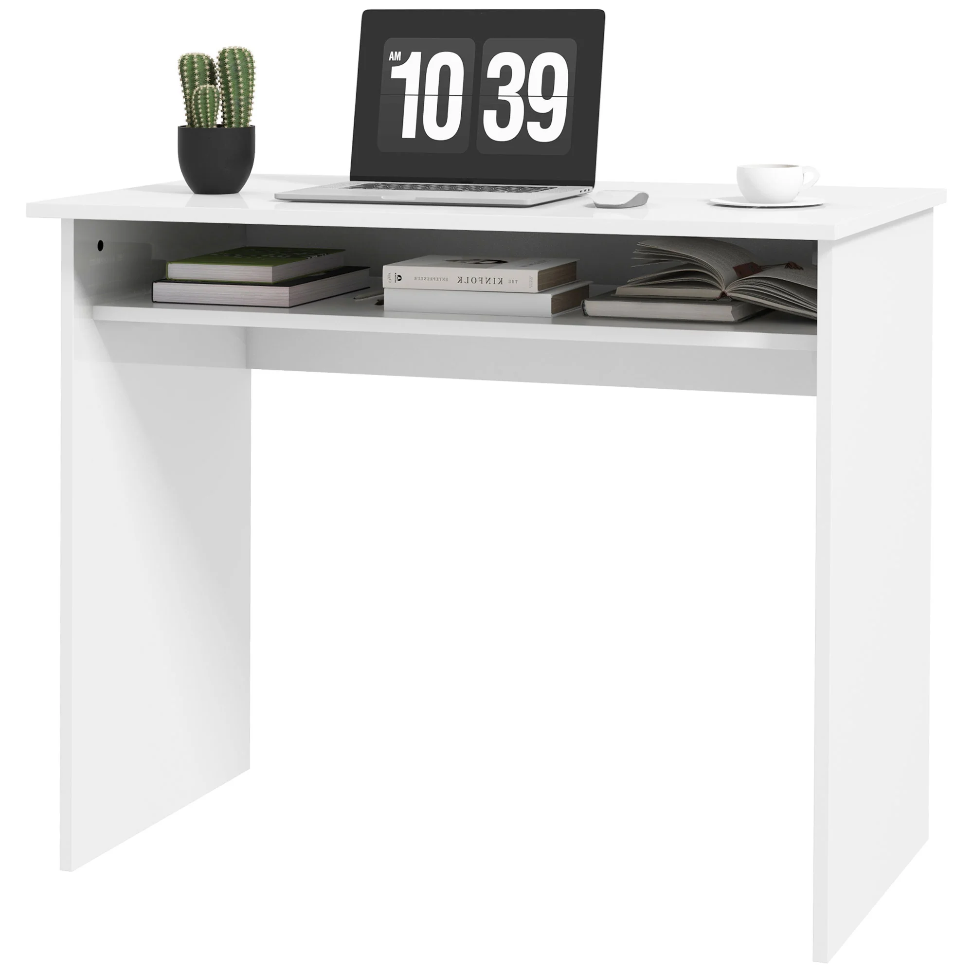 Escritorio de Ordenador Moderno, Escritorio Pequeño con Estante de Almacenamiento, 90 x 50 cm, Blanco Brillante
