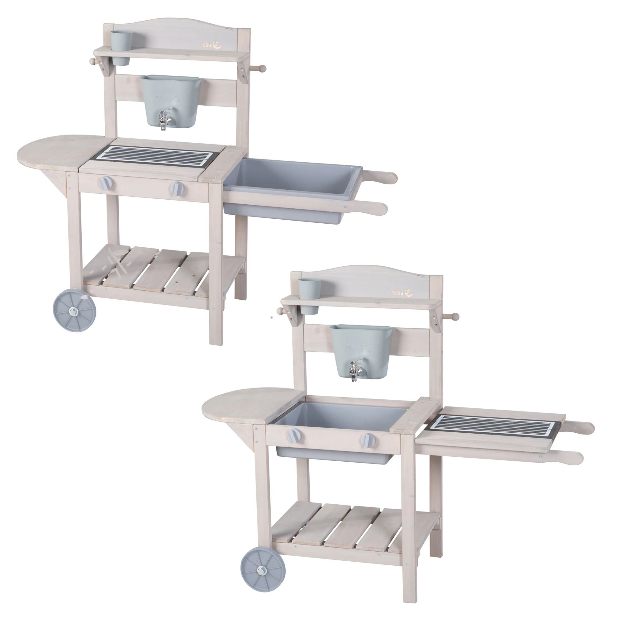 Cocina móvil de juego y barro con BBQ para niños - Madera certificada FSC - Acabado en gris grabado