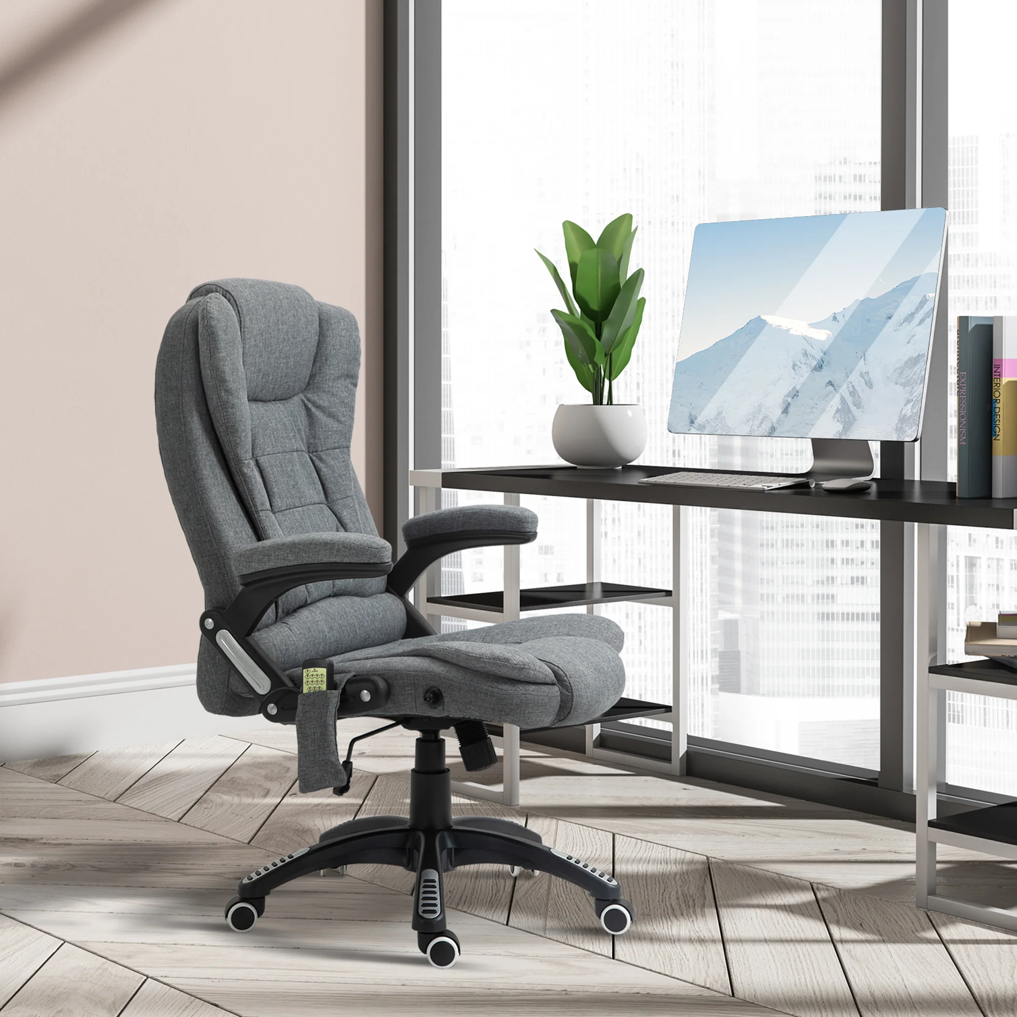 Silla de Oficina Ergonómica con Masaje de 6 Puntos y Calefacción en la Espalda, Tela Tipo Lino, Gris