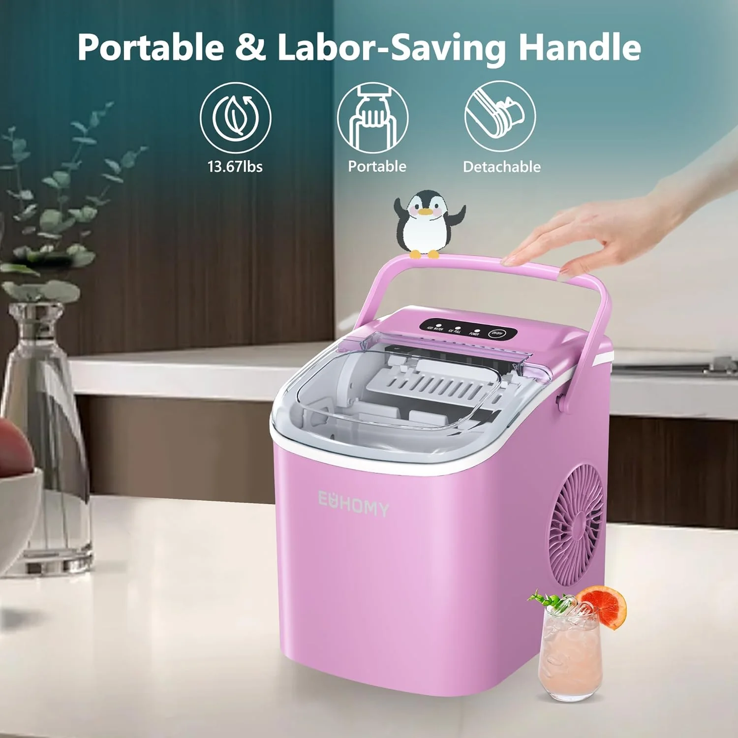 2025 Máquina de hielo portátil EUHOMY 12'' Rosa – Ultra silenciosa con asa