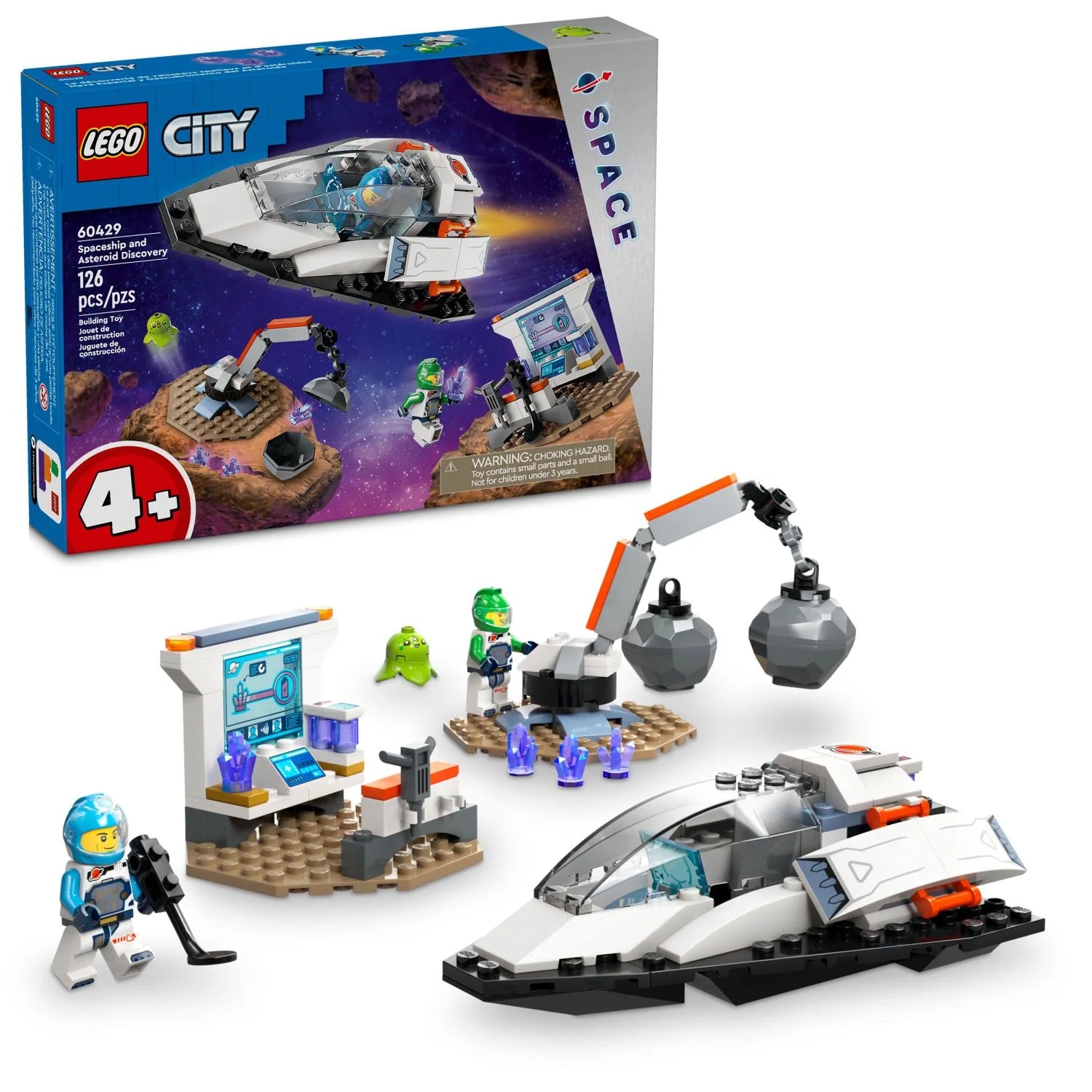 LEGO City Nave Espacial y Descubrimiento de Asteroides, Set de Construcción de Juguete, Regalo para Niños de 4 Años en Adelante que Aman el Juego de Imaginación, Incluye 2 Minifiguras de la Tripulación Espacial, Alienígena, Cristales y Juguete de Grú