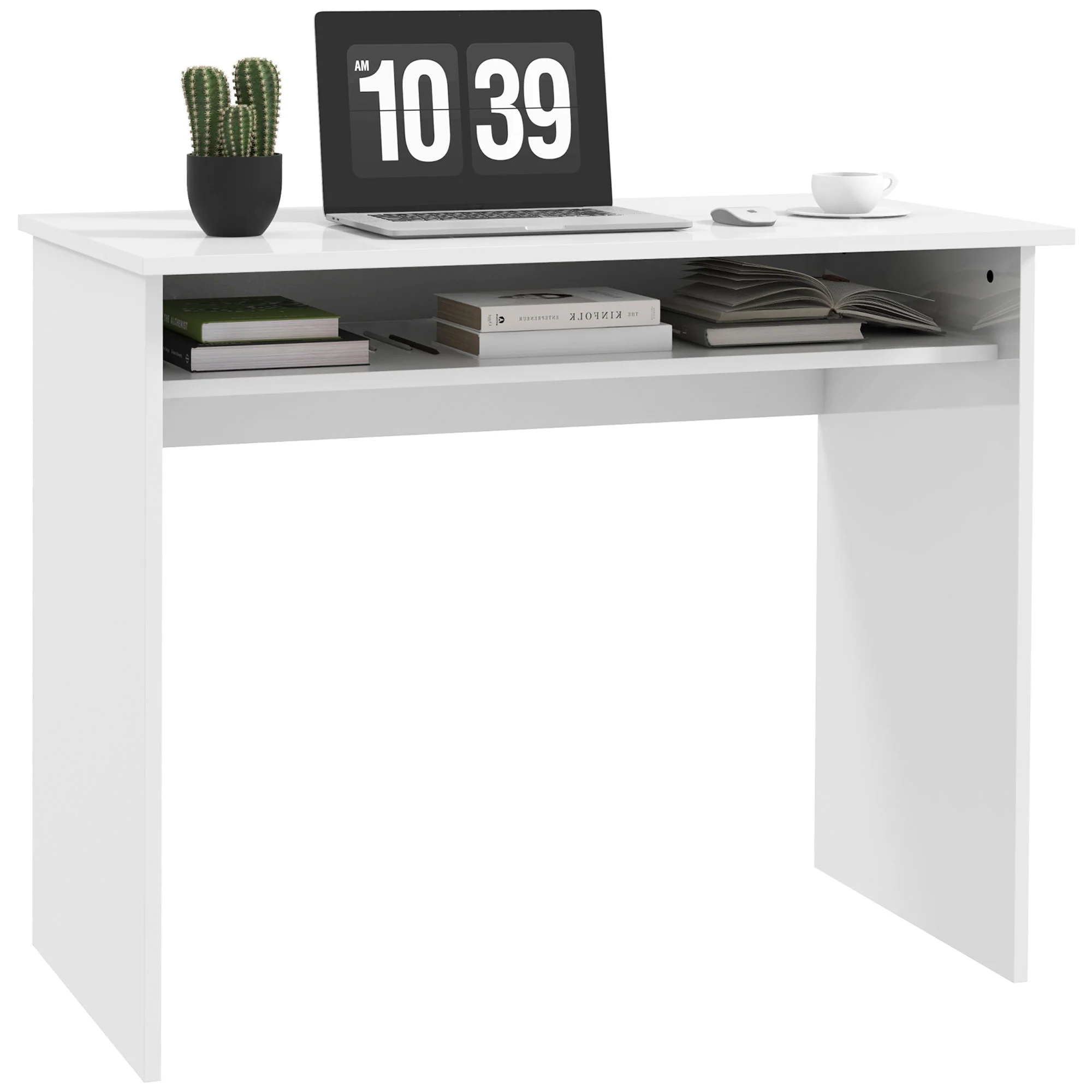 Escritorio de Ordenador Moderno, Escritorio Pequeño con Estante de Almacenamiento, 90 x 50 cm, Blanco Brillante