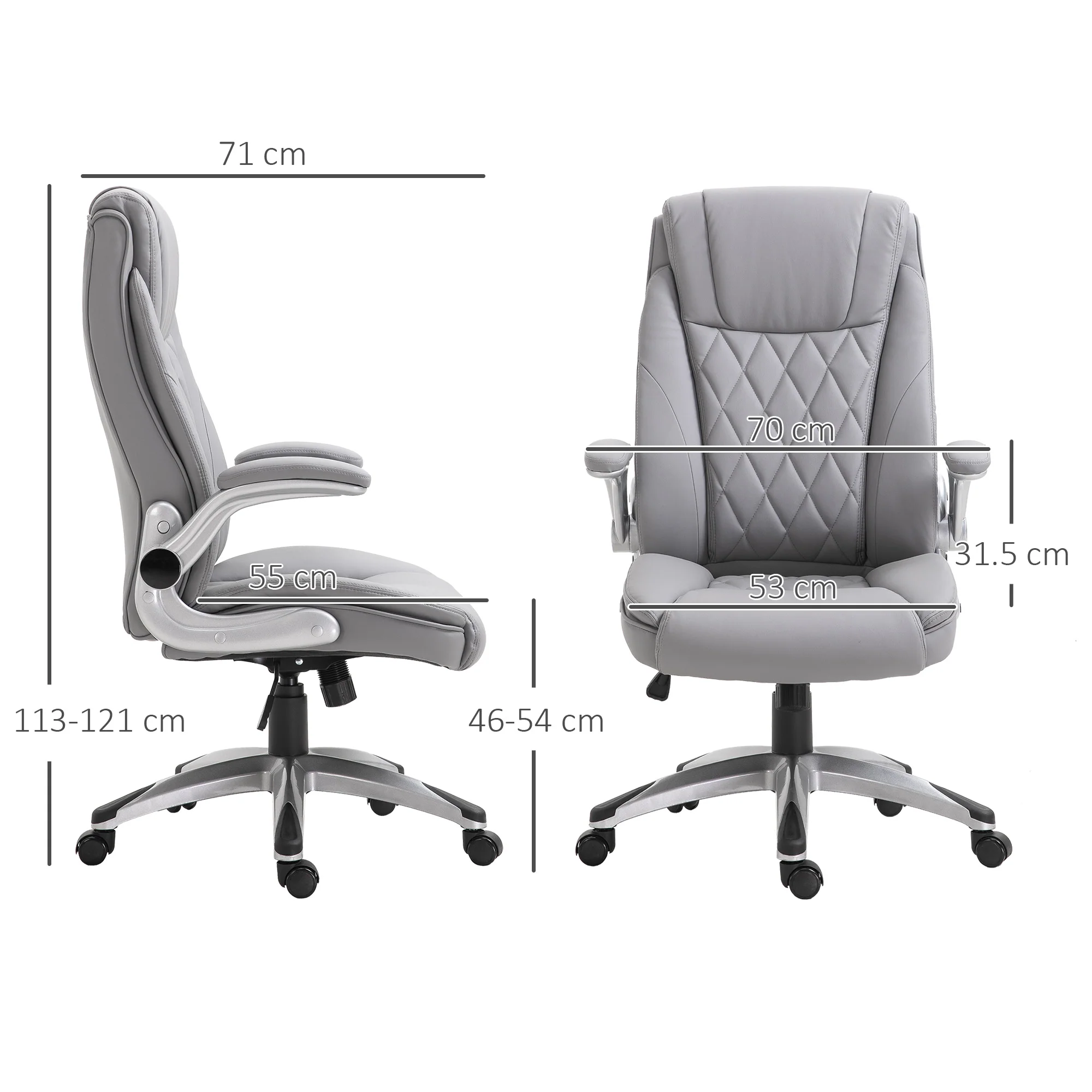2025 Silla de Oficina de Cuero PU con Reposabrazos Abatibles, Altura Ajustable y Ruedas Giratorias, Gris