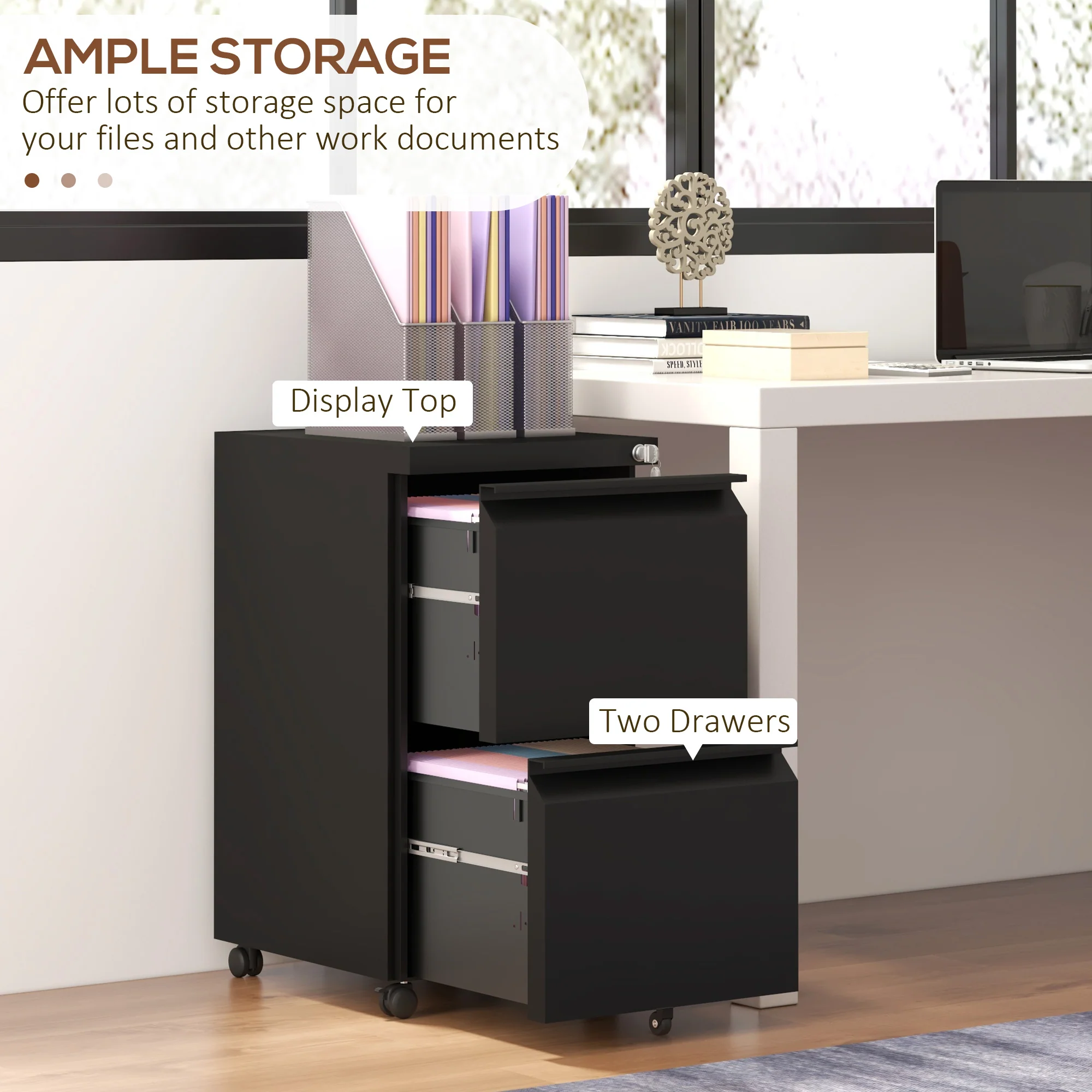 Archivador Móvil con 2 Cajones, Mueble de Archivo Cerrable de Acero, Cuerpo Preensamblado, Negro