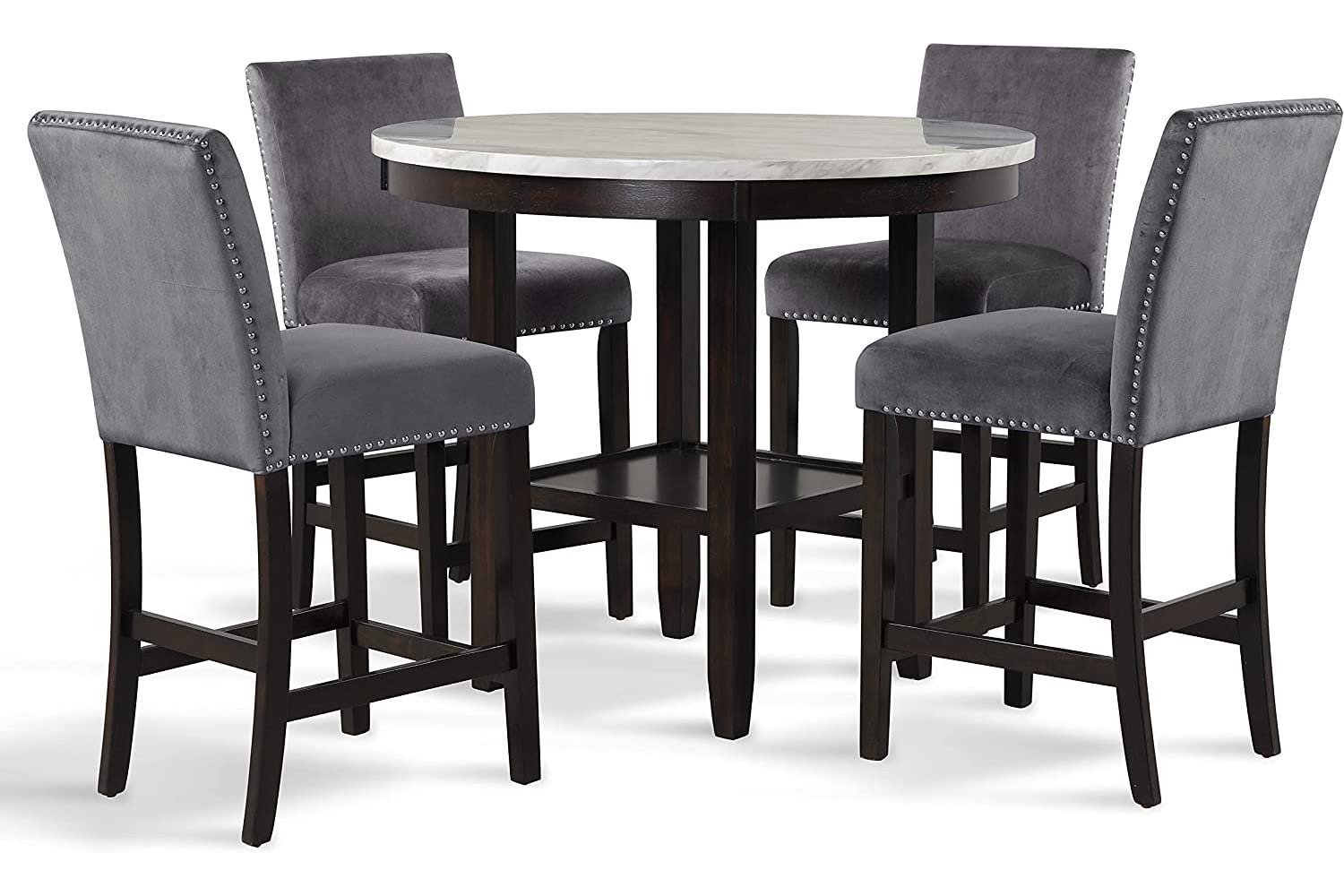 2025 New Classic Furniture Celeste Set de Comedor de 5 Piezas con Mesa Redonda de Mármol Sintético y 4 Sillas, 42 Pulgadas, Gris