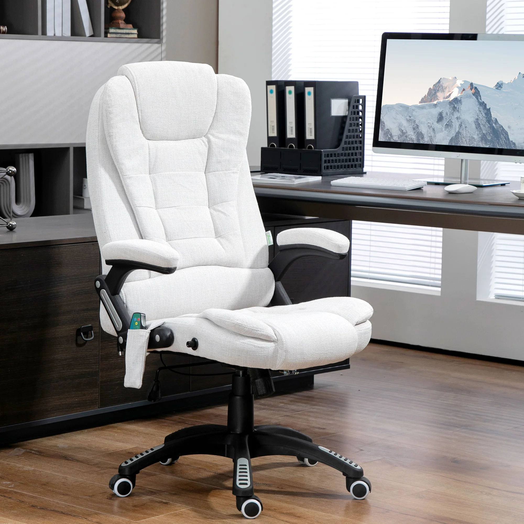 Silla de Oficina Ergonómica con Masaje de 6 Puntos y Calefacción en la Espalda, Tela Tipo Lino, Blanco Crema