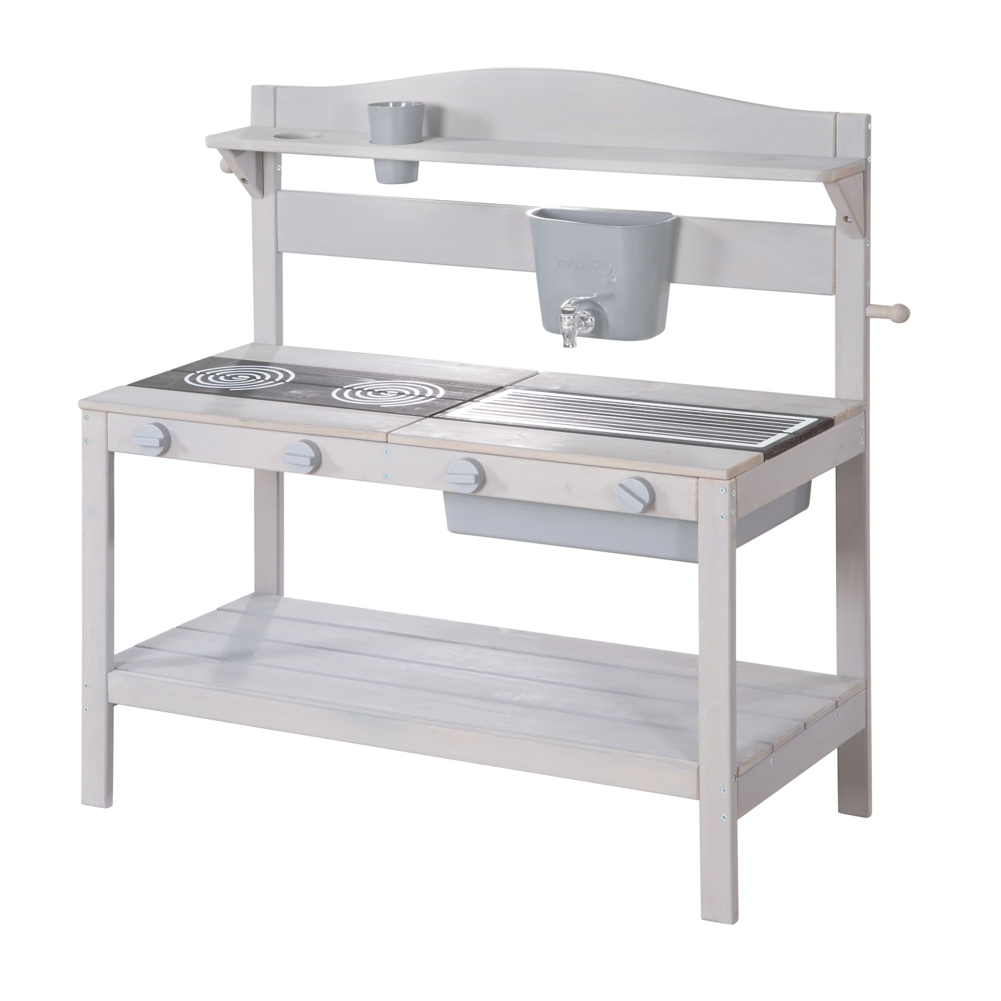 Cocina de barro para exteriores con accesorios - Madera certificada FSC - Acabado en gris grabado