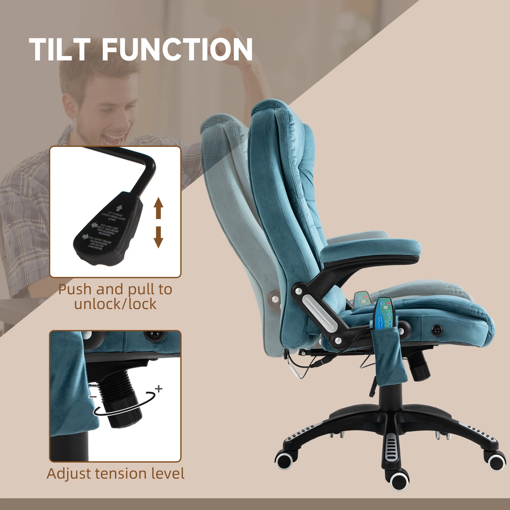 Silla de Oficina Ergonómica con Masaje de 6 Puntos y Calefacción en la Espalda, Tela Tipo Terciopelo, Azul