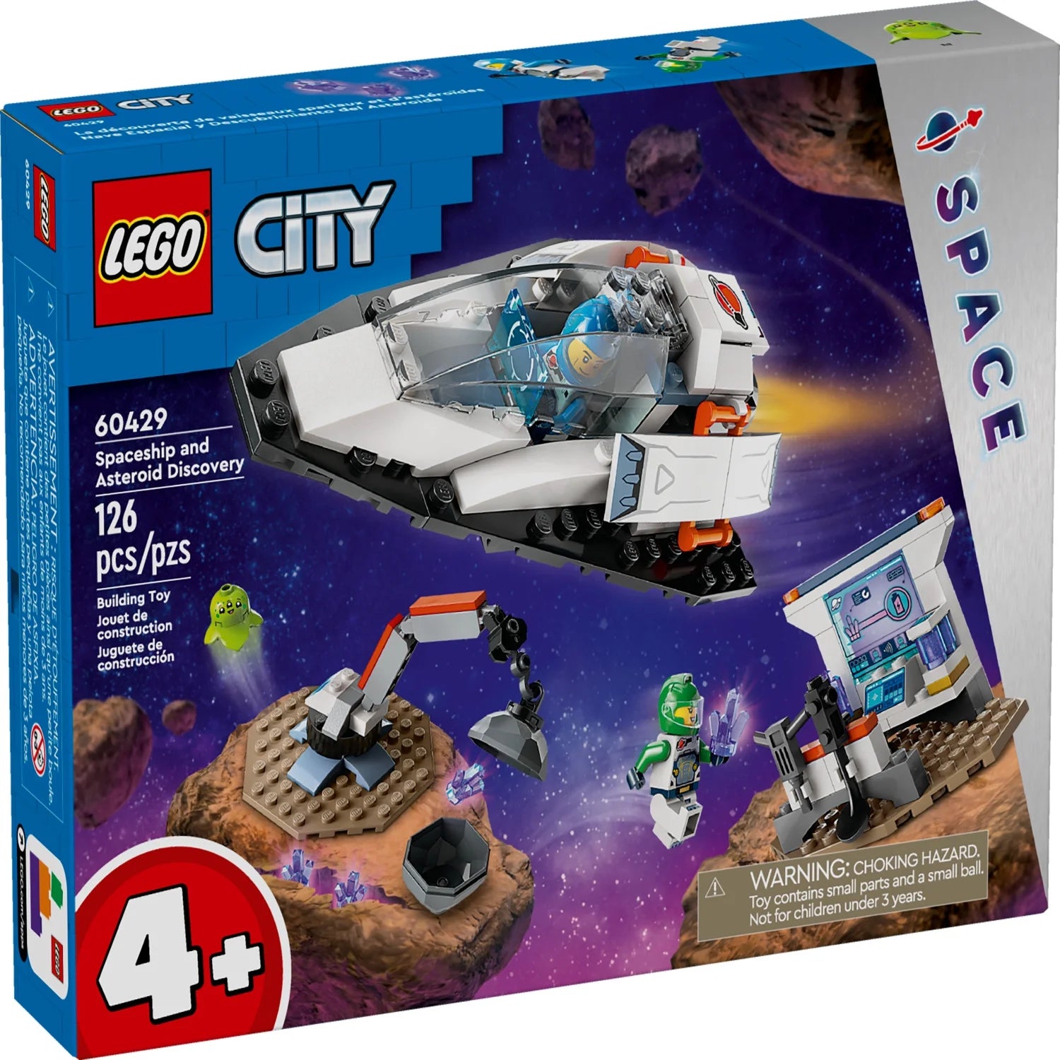 Set de Construcción LEGO City Nave Espacial y Descubrimiento de Asteroides, Regalo para Niños de 4 Años en Adelante que Aman el Juego de Imaginación, Incluye 2 Minifiguras de Tripulación Espacial, Alienígena, Cristales y Grúa, 60429