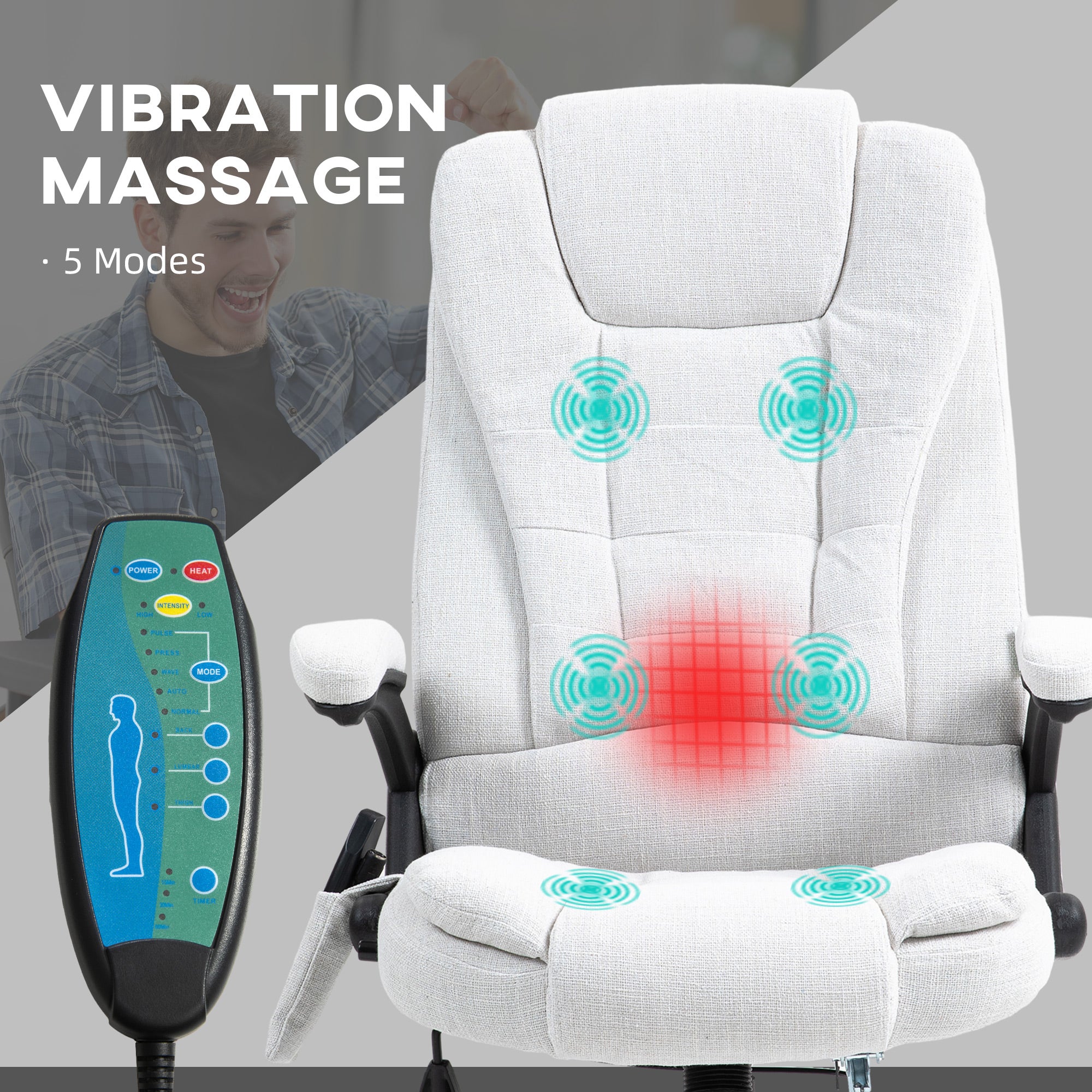 Silla de Oficina Ergonómica con Masaje de 6 Puntos y Calefacción en la Espalda, Tela Tipo Lino, Blanco Crema