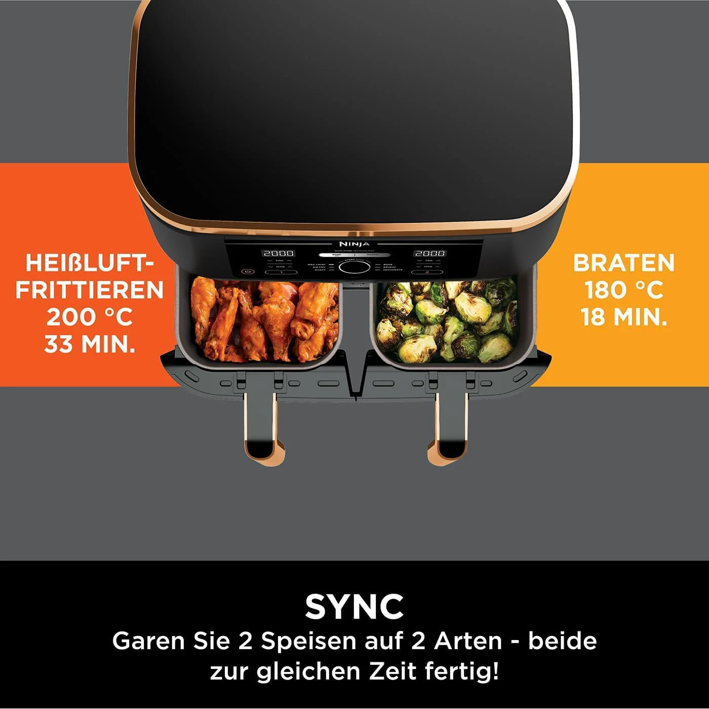 2025 Ninja Foodi MAX Freidora de Aire Doble Zona, 9,5 L cobre/negro, AF400EUCP + Set de Cuchillos Ninja StaySharp blanco, K62006EUWH + Sartén de acero inoxidable Ninja Foodi ZEROSTICK 28 cm, C60028EU