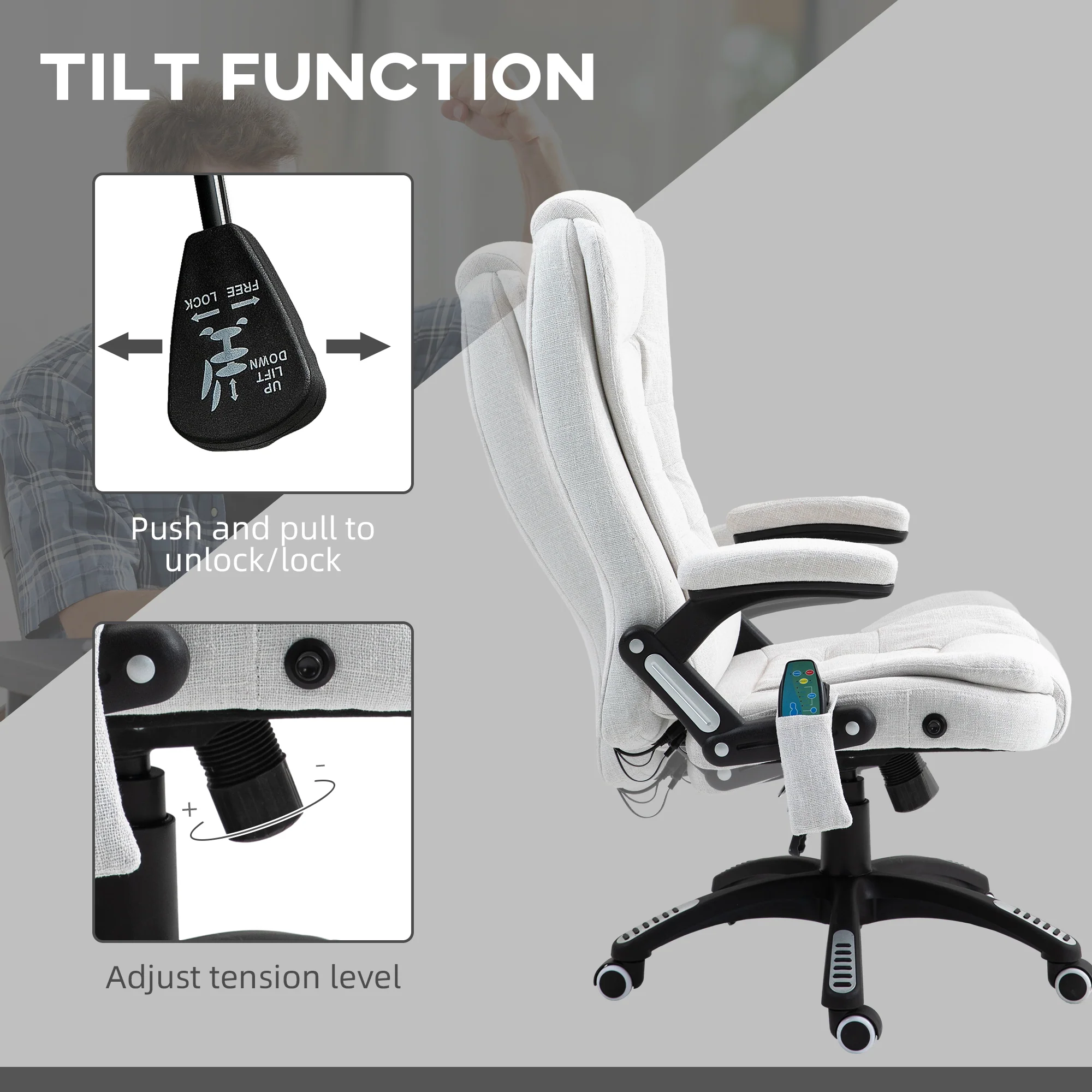 Silla de Oficina Ergonómica con Masaje de 6 Puntos y Calefacción en la Espalda, Tela Tipo Lino, Blanco Crema